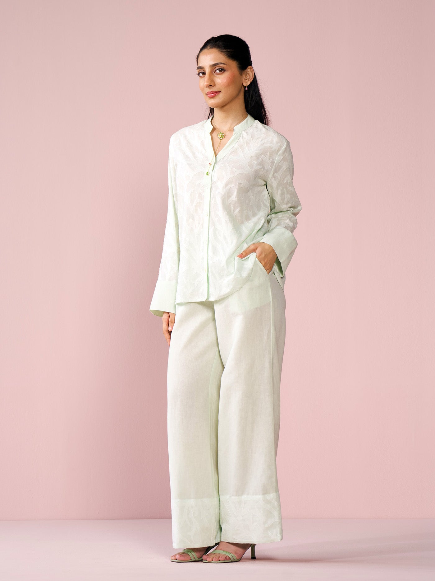 Seaside Linen Blend Jacquard Co-ord Set in Mint