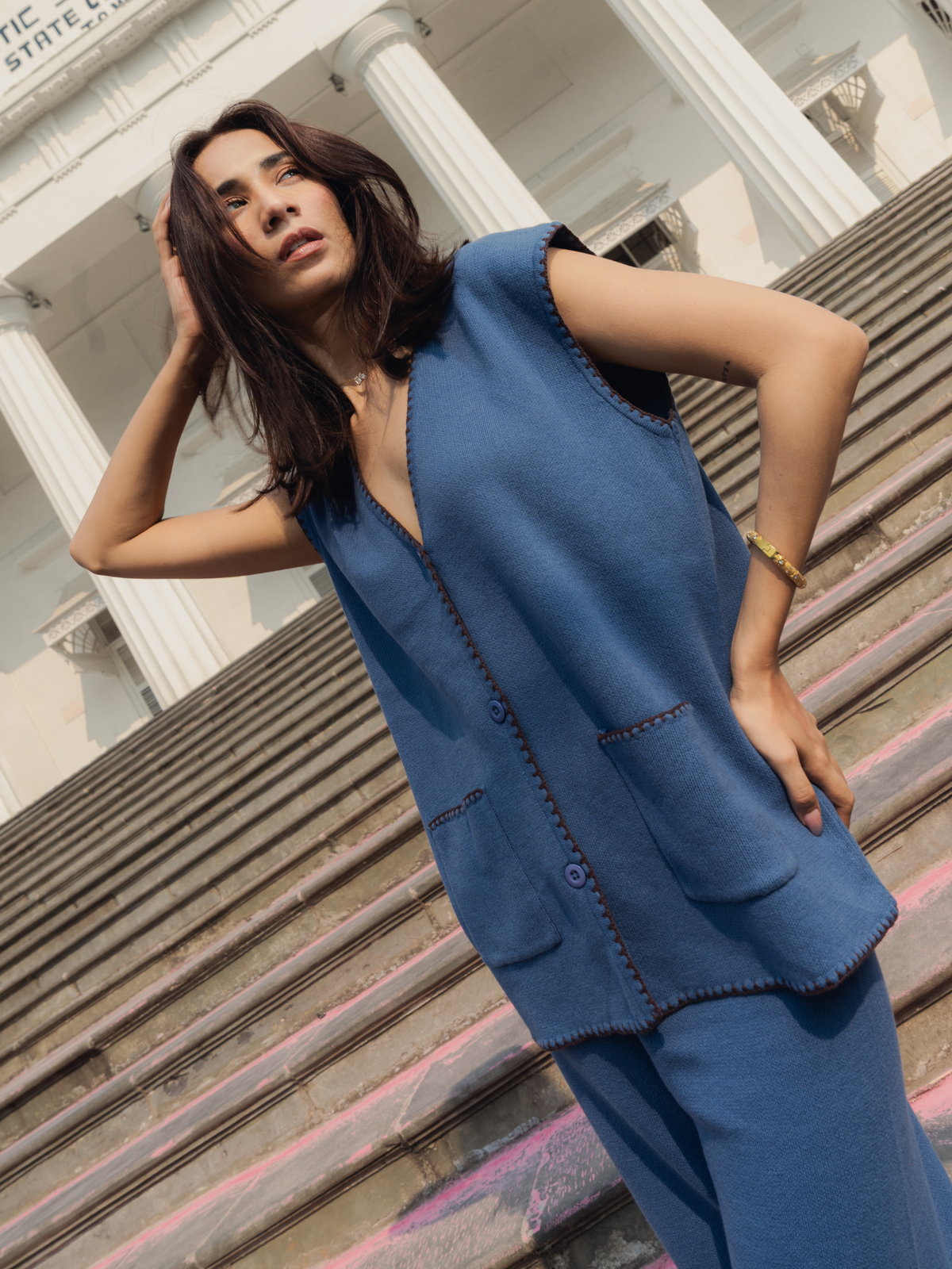 Vest Coord Set with Blanket Stitch in Denim Blue