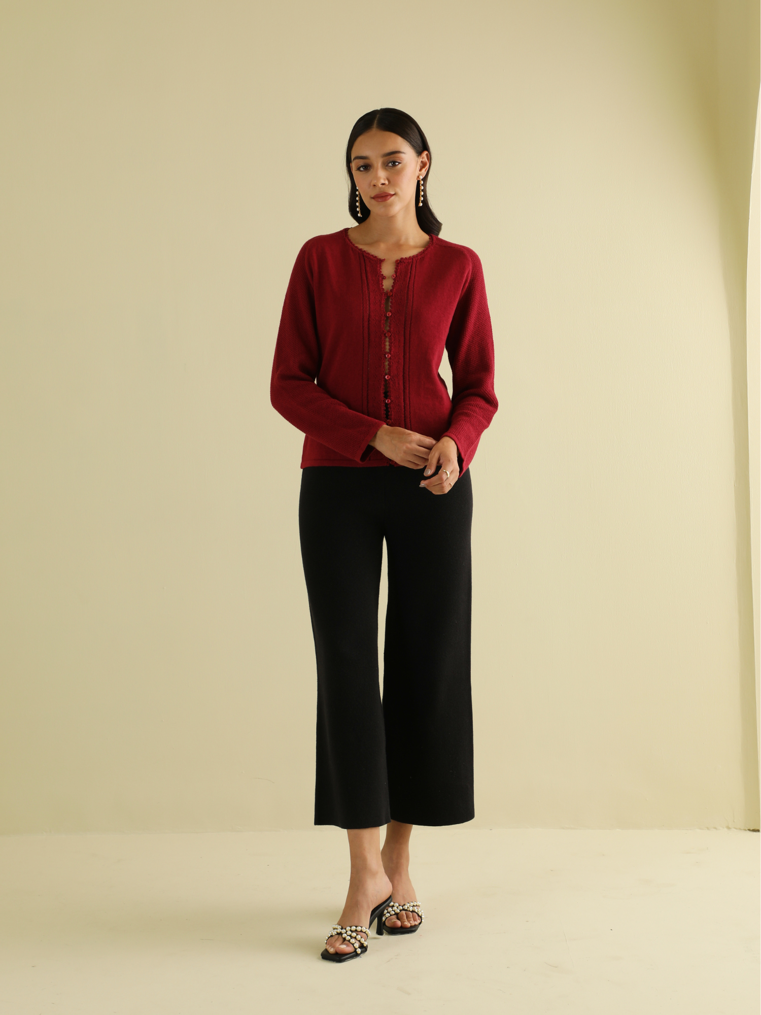 Lace Knit Button-Down Cardigan in Maroon