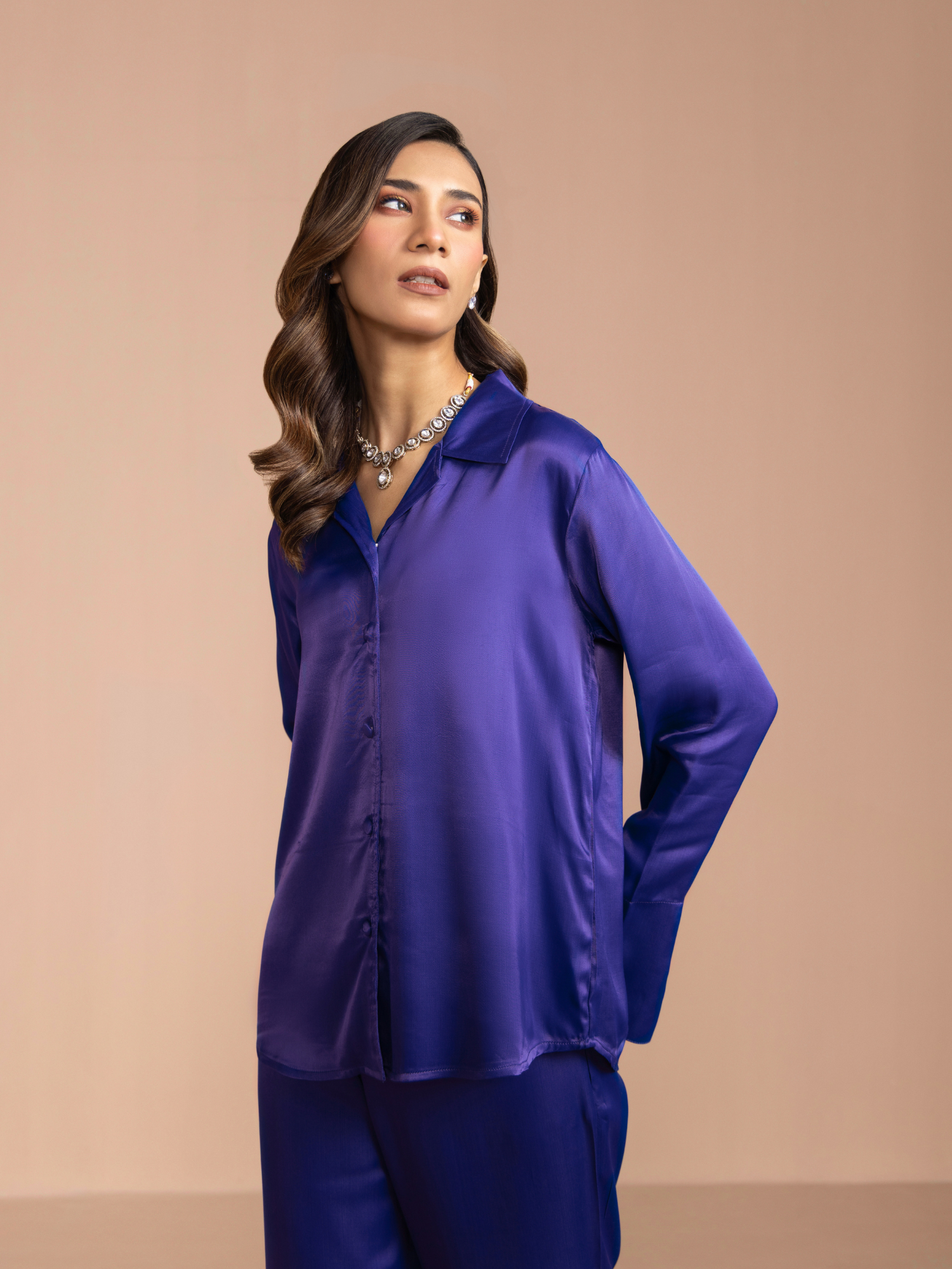 Button Embellished Satin Shirt with Pants in Mystic Blue