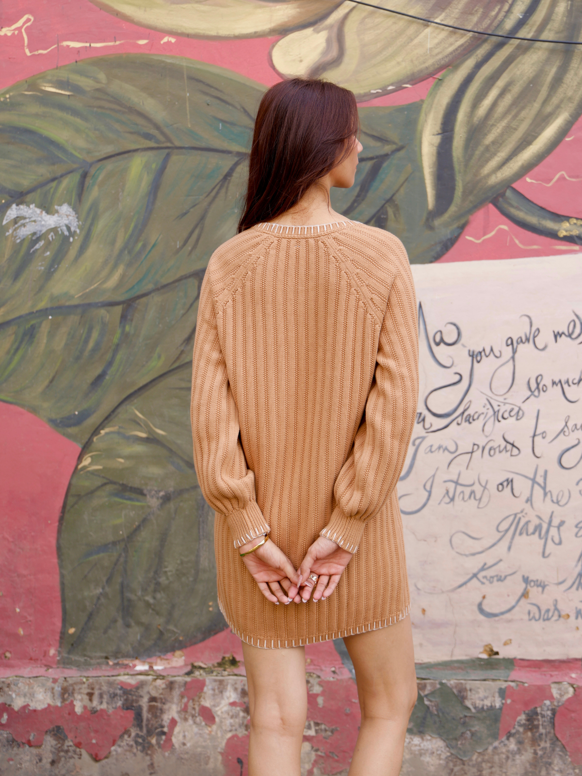 Round Neck Knitted Dress with Blanket Stitch in Mocha
