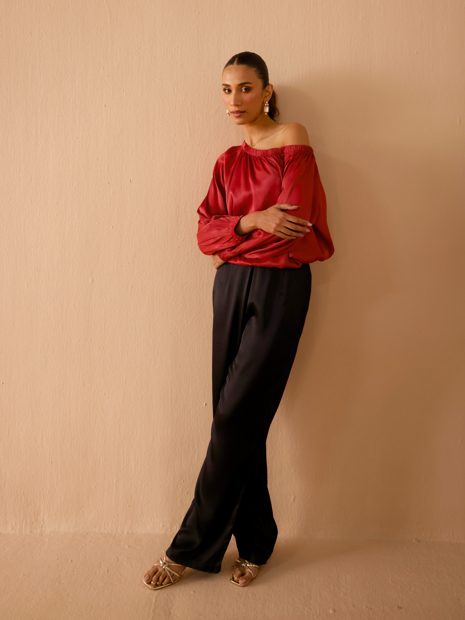 Asymmetrical Satin Blouse in Maroon