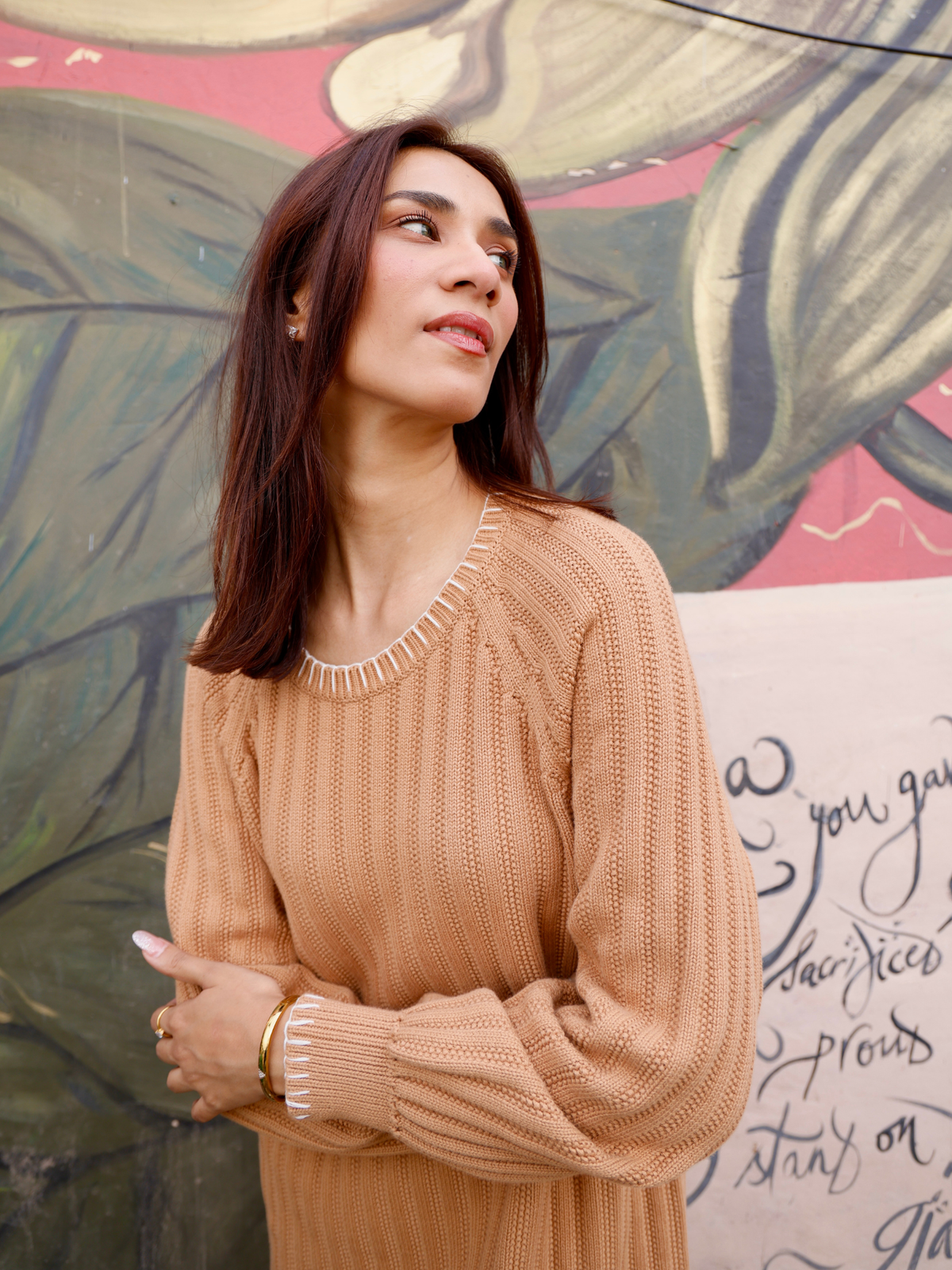 Round Neck Knitted Dress with Blanket Stitch in Mocha