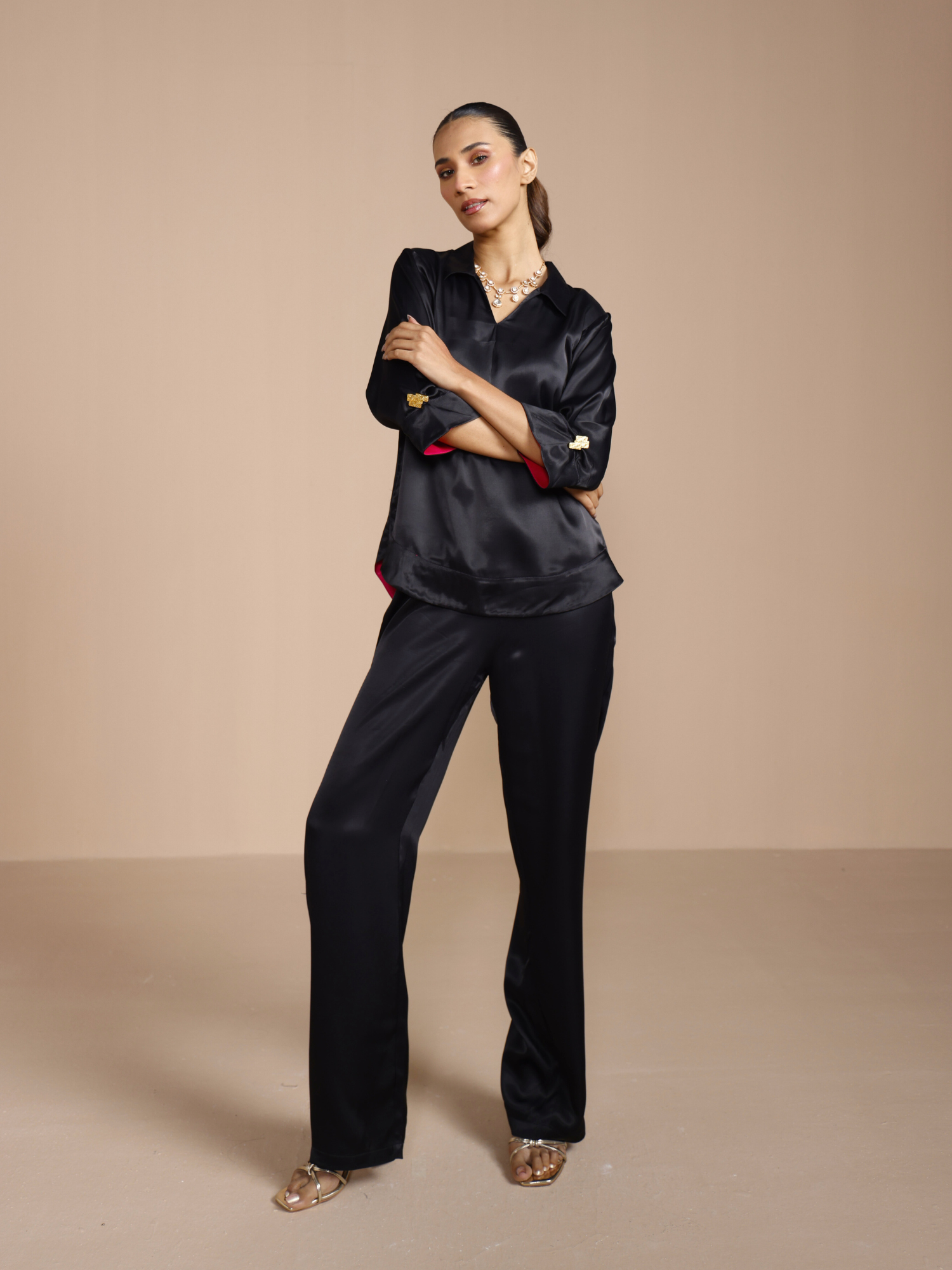 Satin Skipper Collar Top in Charcoal