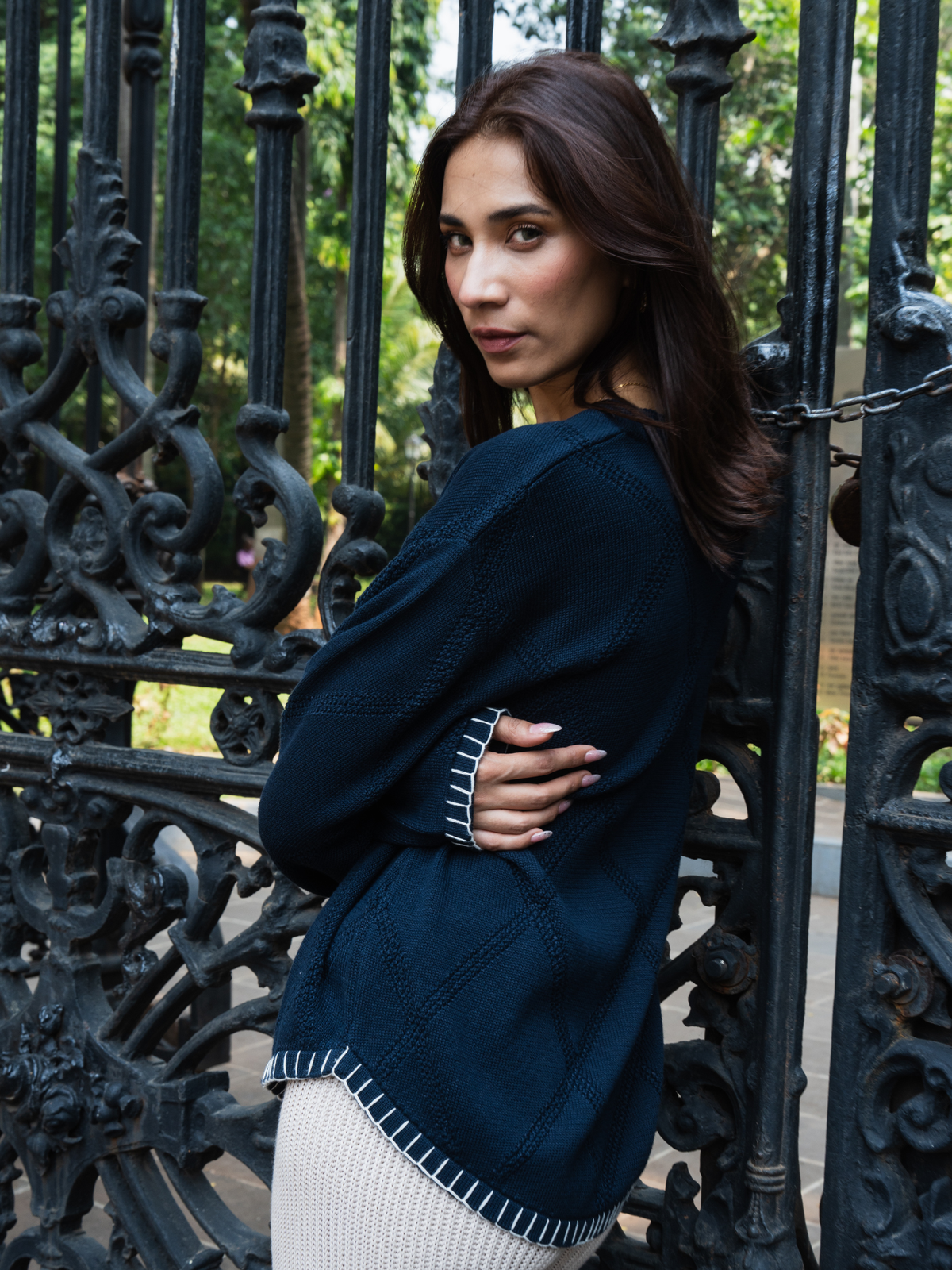 V Neck Pullover with Blanket Stitch in Navy Blue