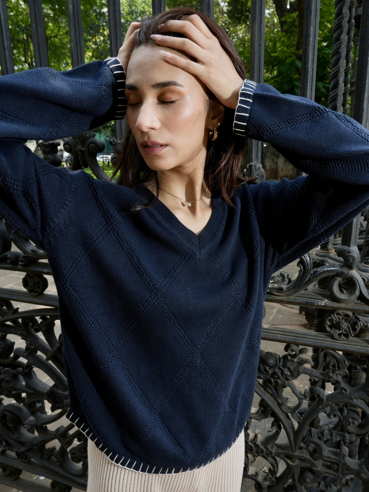 V Neck Pullover with Blanket Stitch in Navy Blue