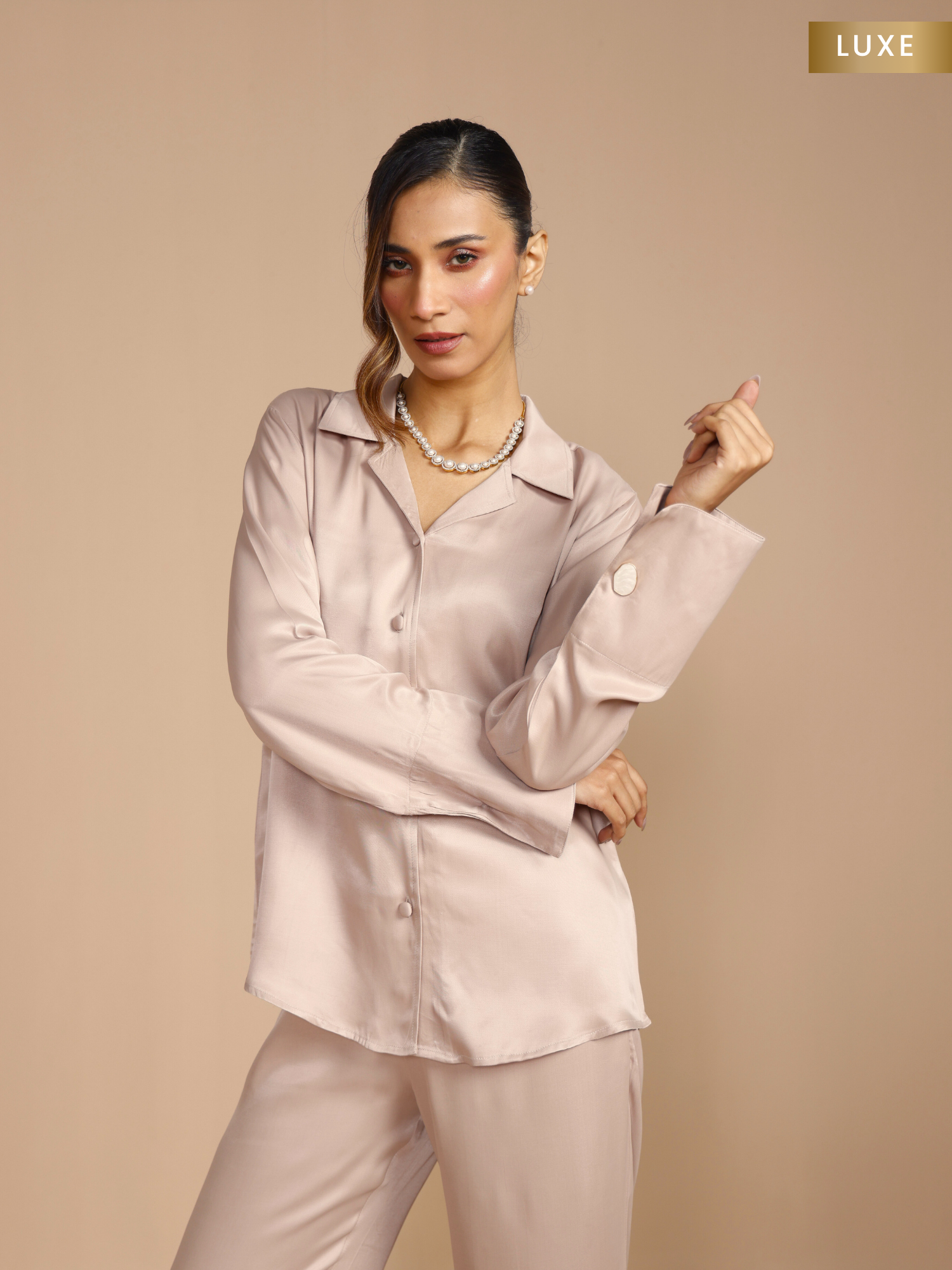 shop women satin shirt in taupe luxe