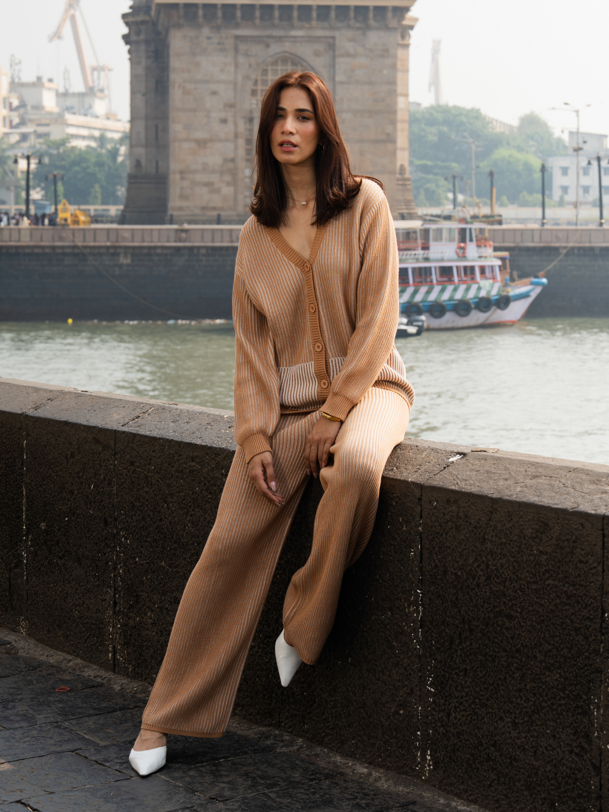 Ribbed Button Down Cardigan with Pants in Mocha