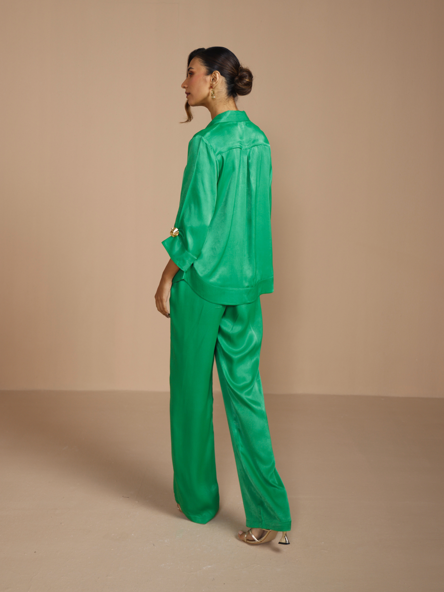 high drape satin pants set for women