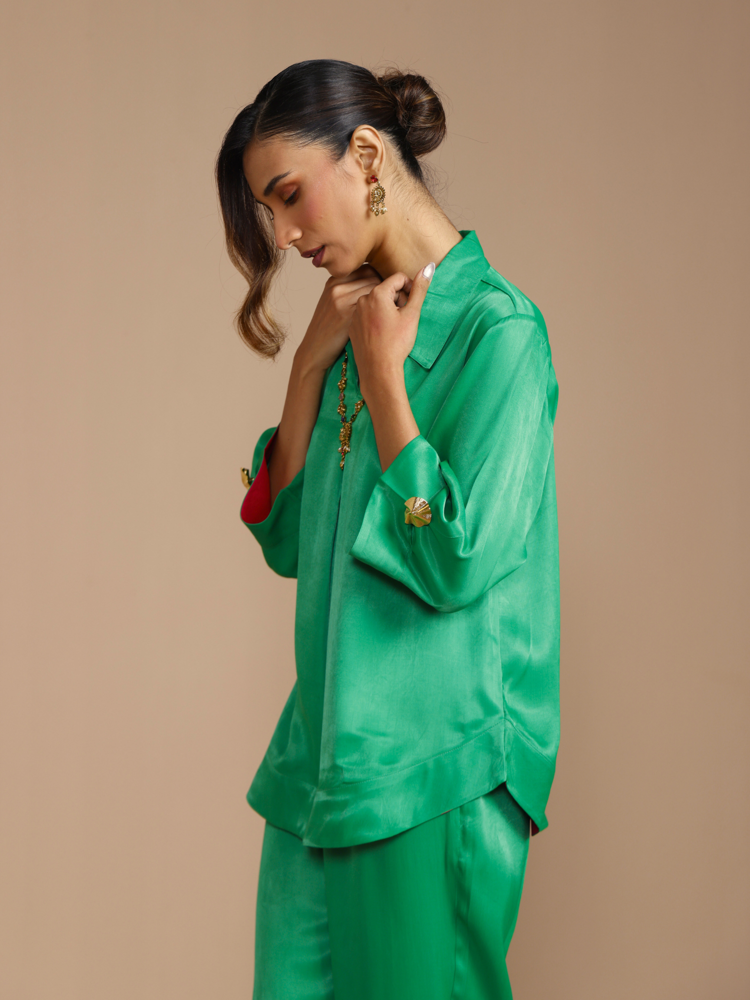 Satin Skipper Collar Top in Dark Green