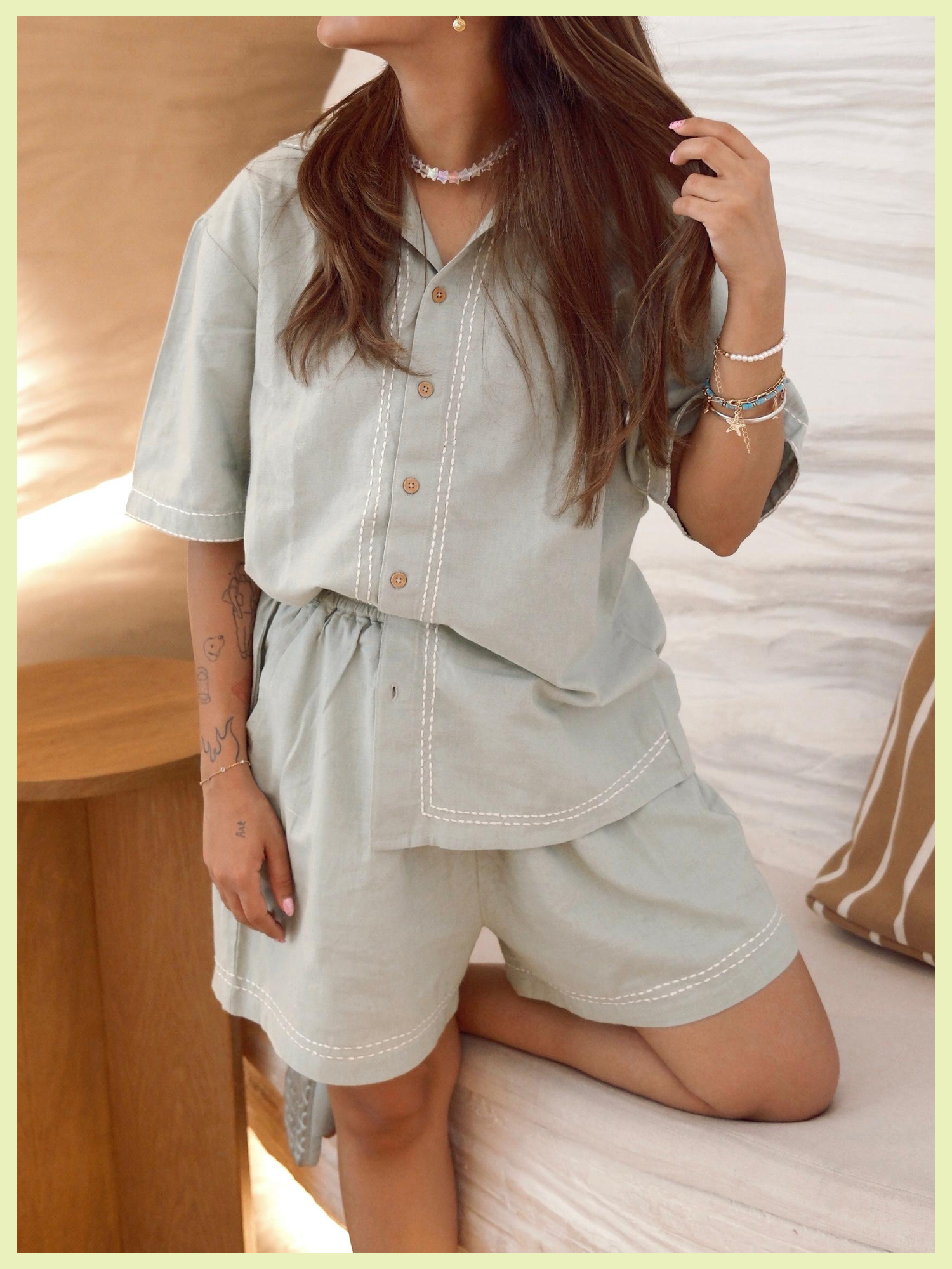 Drift Linen Co-ord Set with Shorts in Sage Green