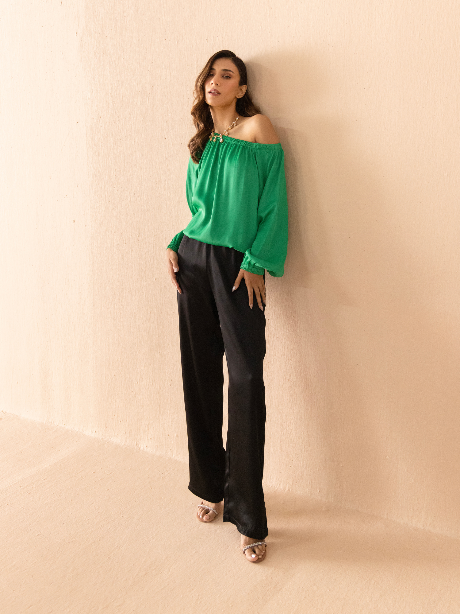 Asymmetrical Satin Blouse in Dark Green