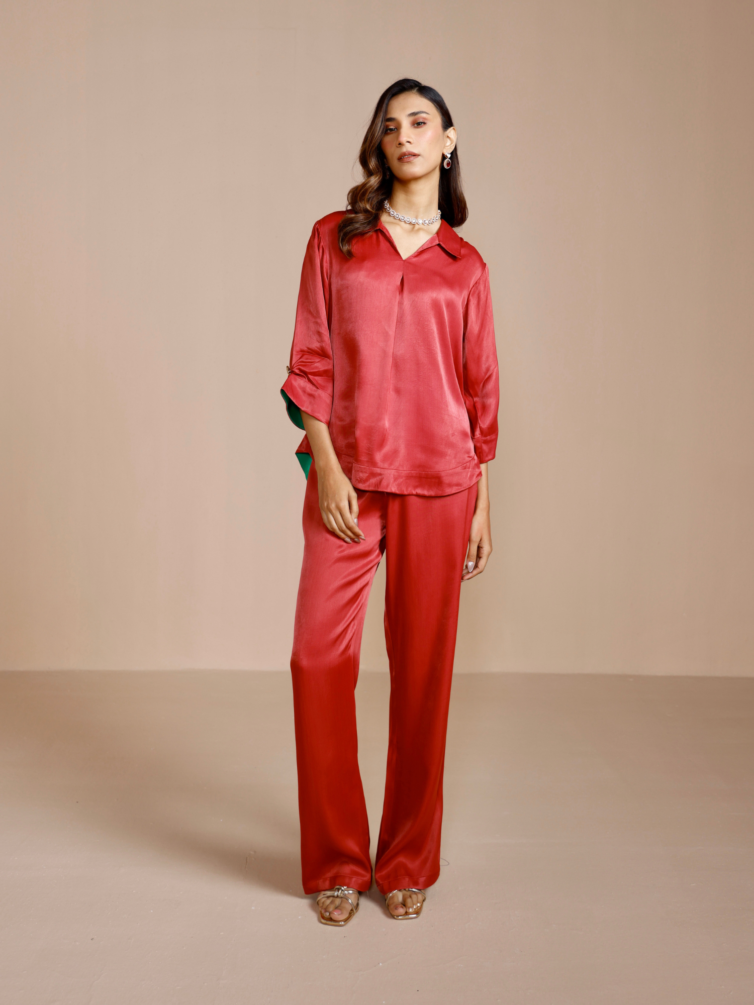Satin Skipper Collar Top with Flowy Pants in Maroon