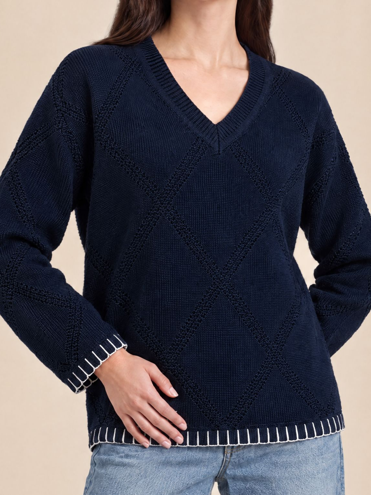 V Neck Pullover with Blanket Stitch in Navy Blue