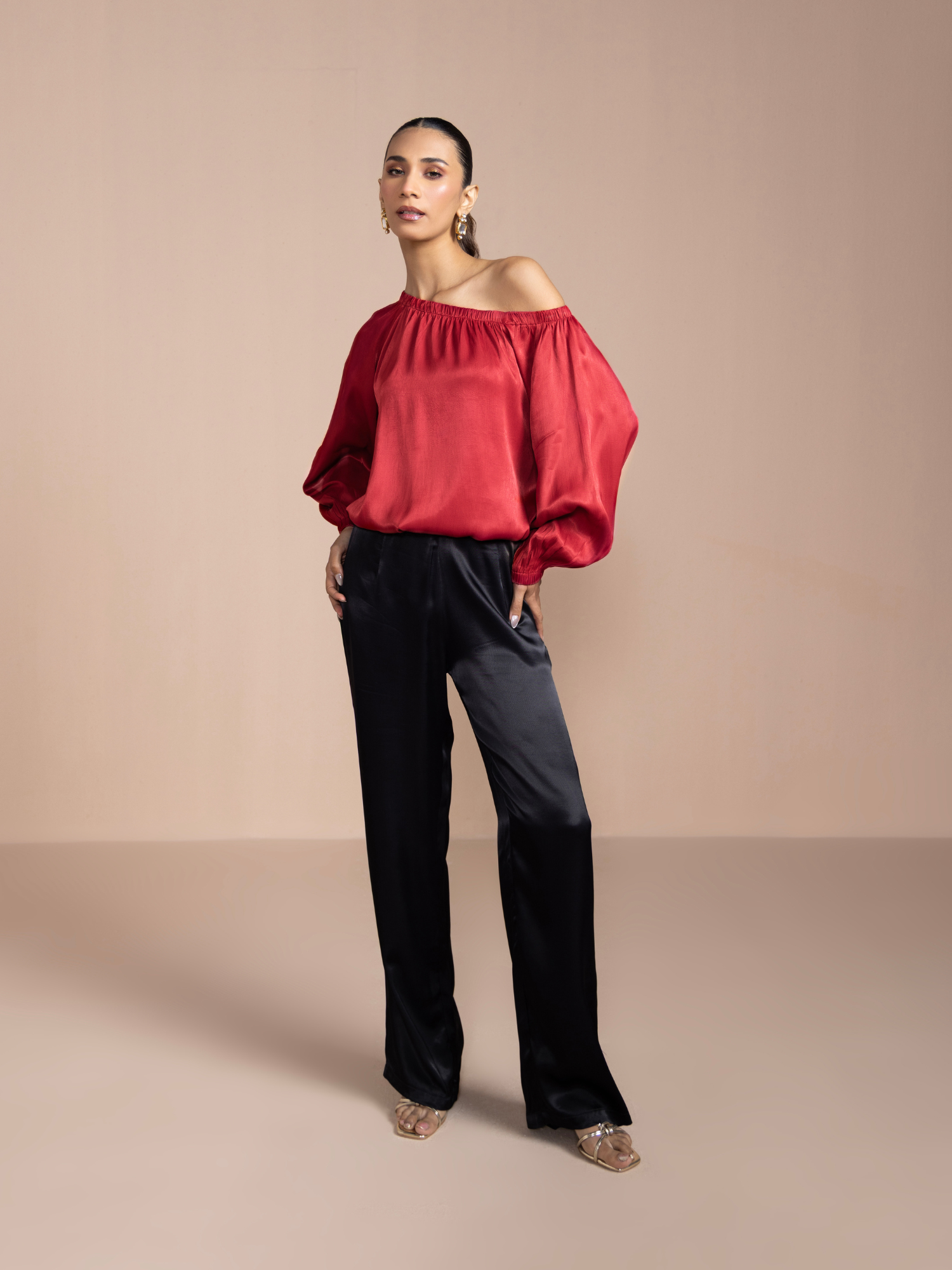 Asymmetrical Satin Blouse in Maroon