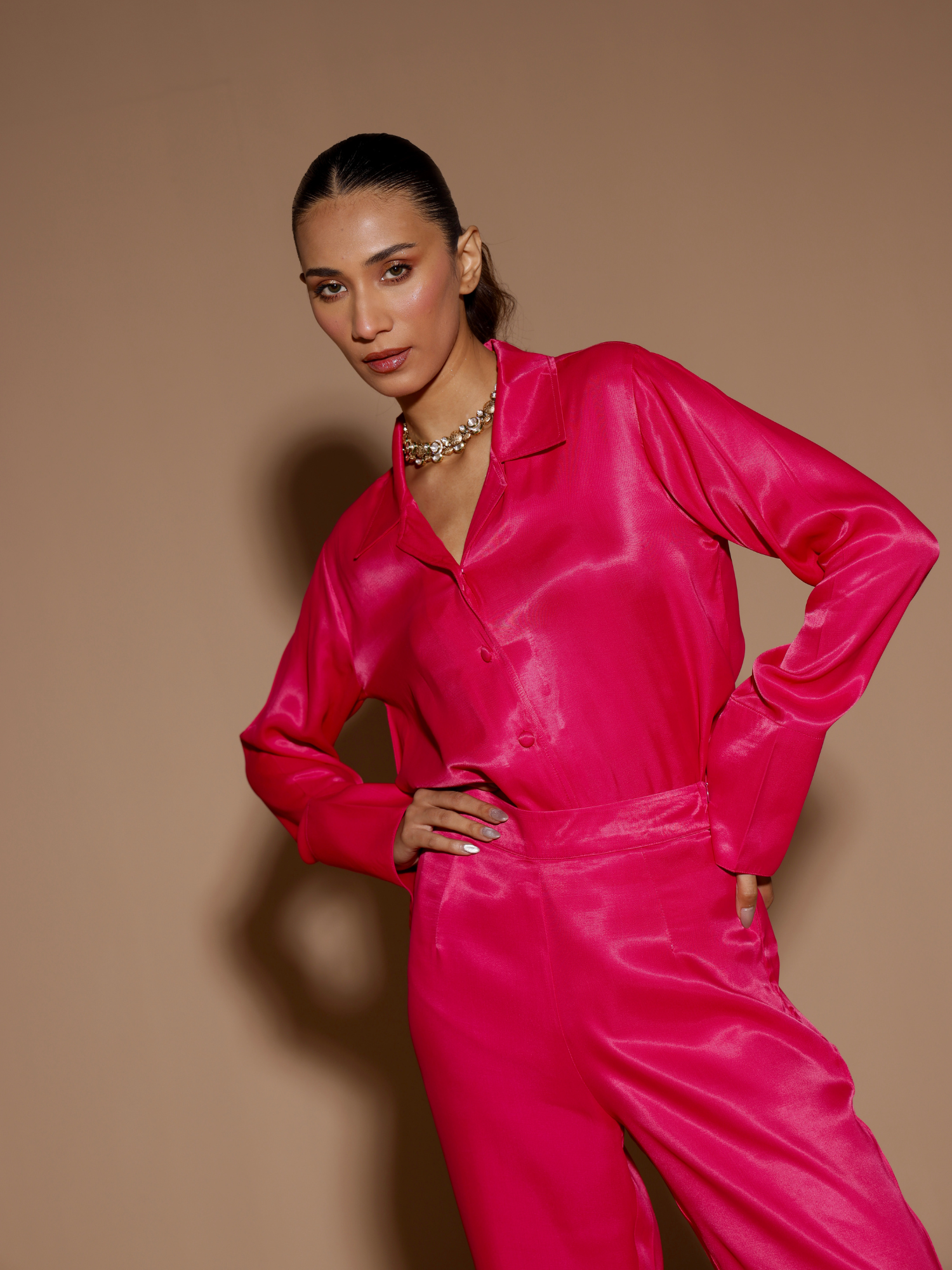 Button Embellished Satin Shirt with Pants in Rani Pink