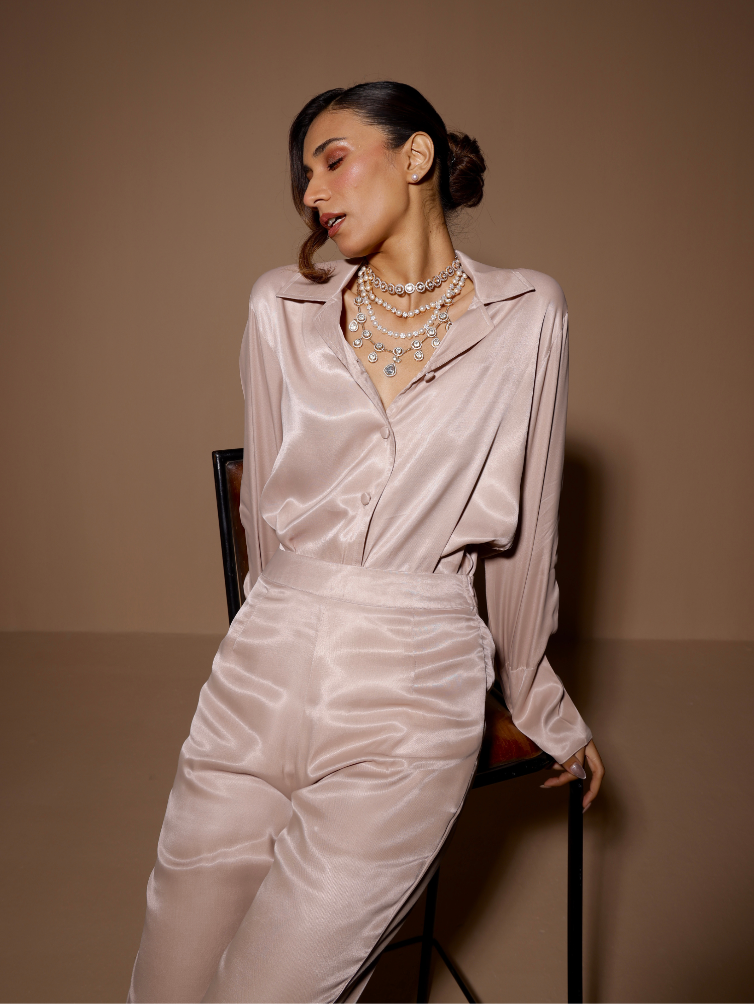 luxe satin shirt with pleated pants in taupe