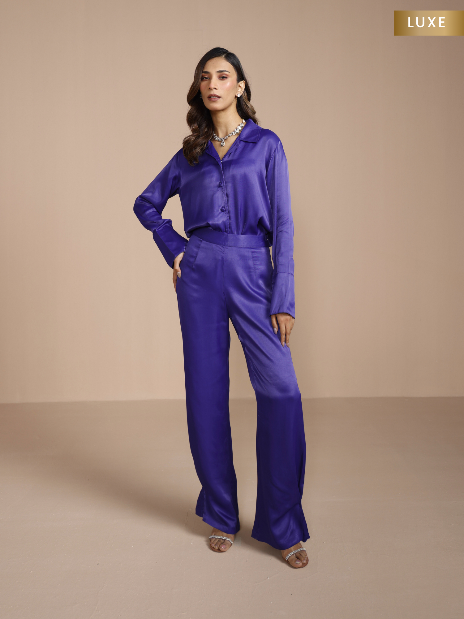 Button Embellished Satin Shirt with Pants in Mystic Blue