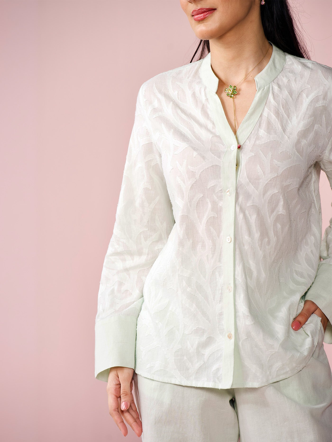 Seaside Linen Blend Jacquard Co-ord Set in Mint