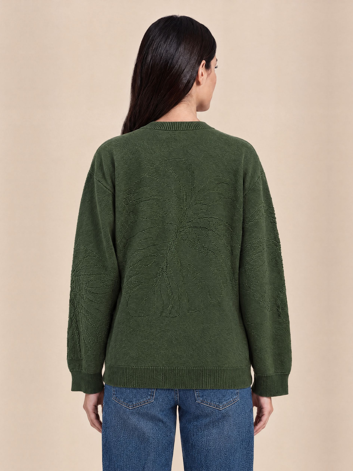 V Neck Jacquard Pullover in Forest Green