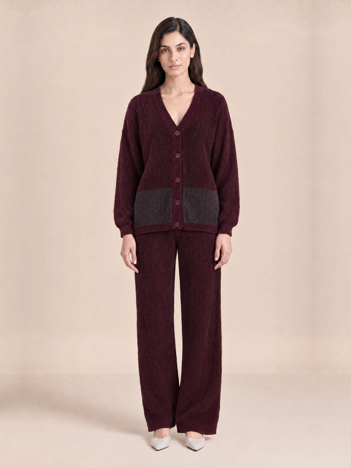 Ribbed Button Down Cardigan with Pants in Maroon