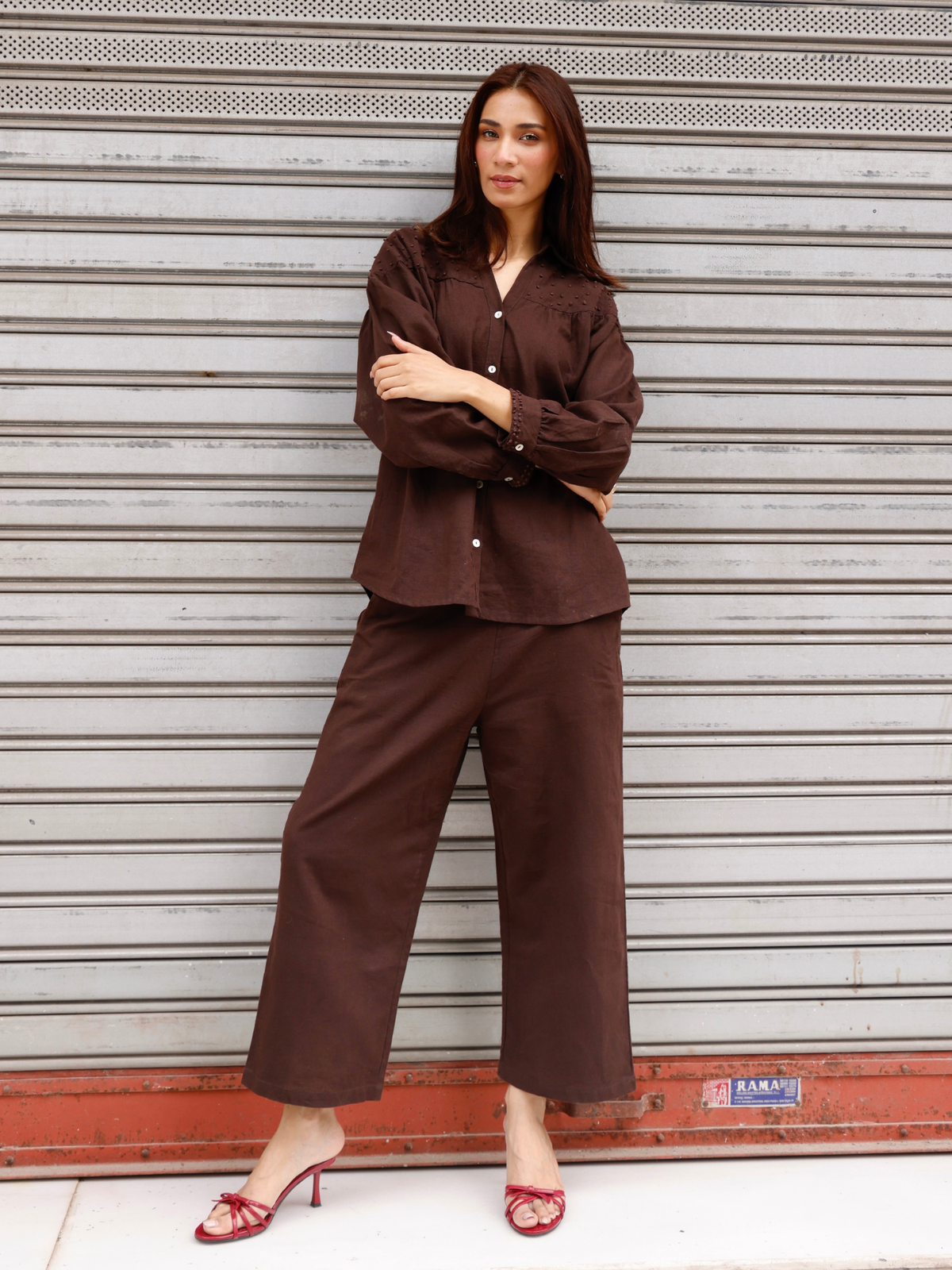 Premium Linen Co-ord Set with French Knots in Espresso