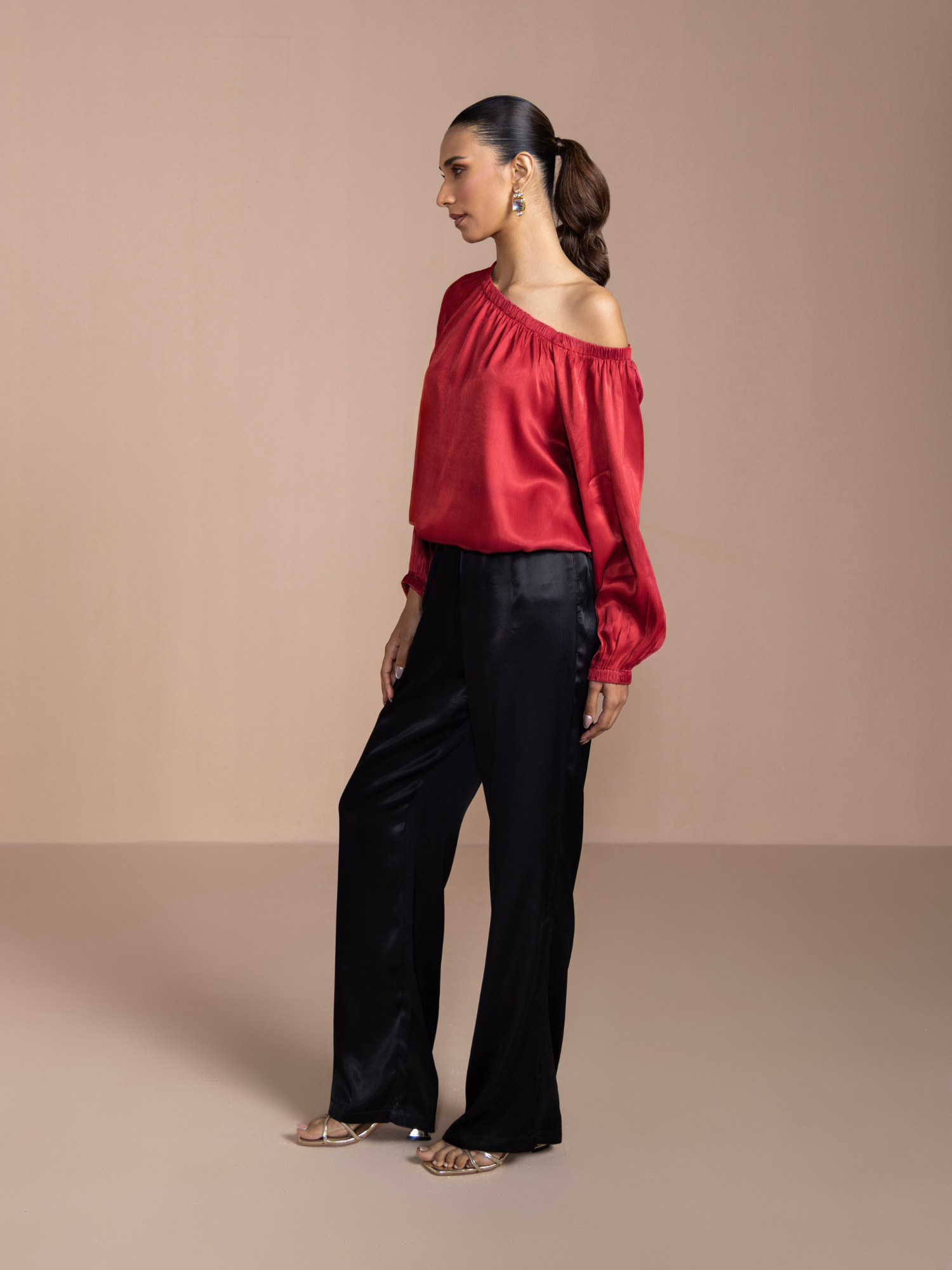 Asymmetrical Satin Blouse in Maroon