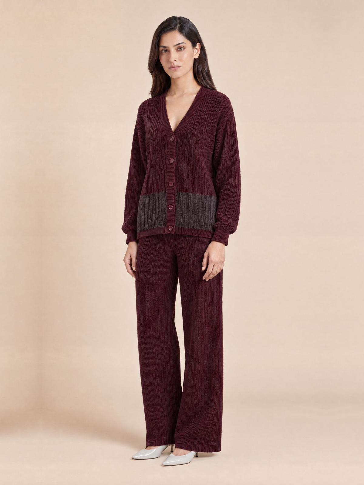 Ribbed Button Down Cardigan with Pants in Maroon