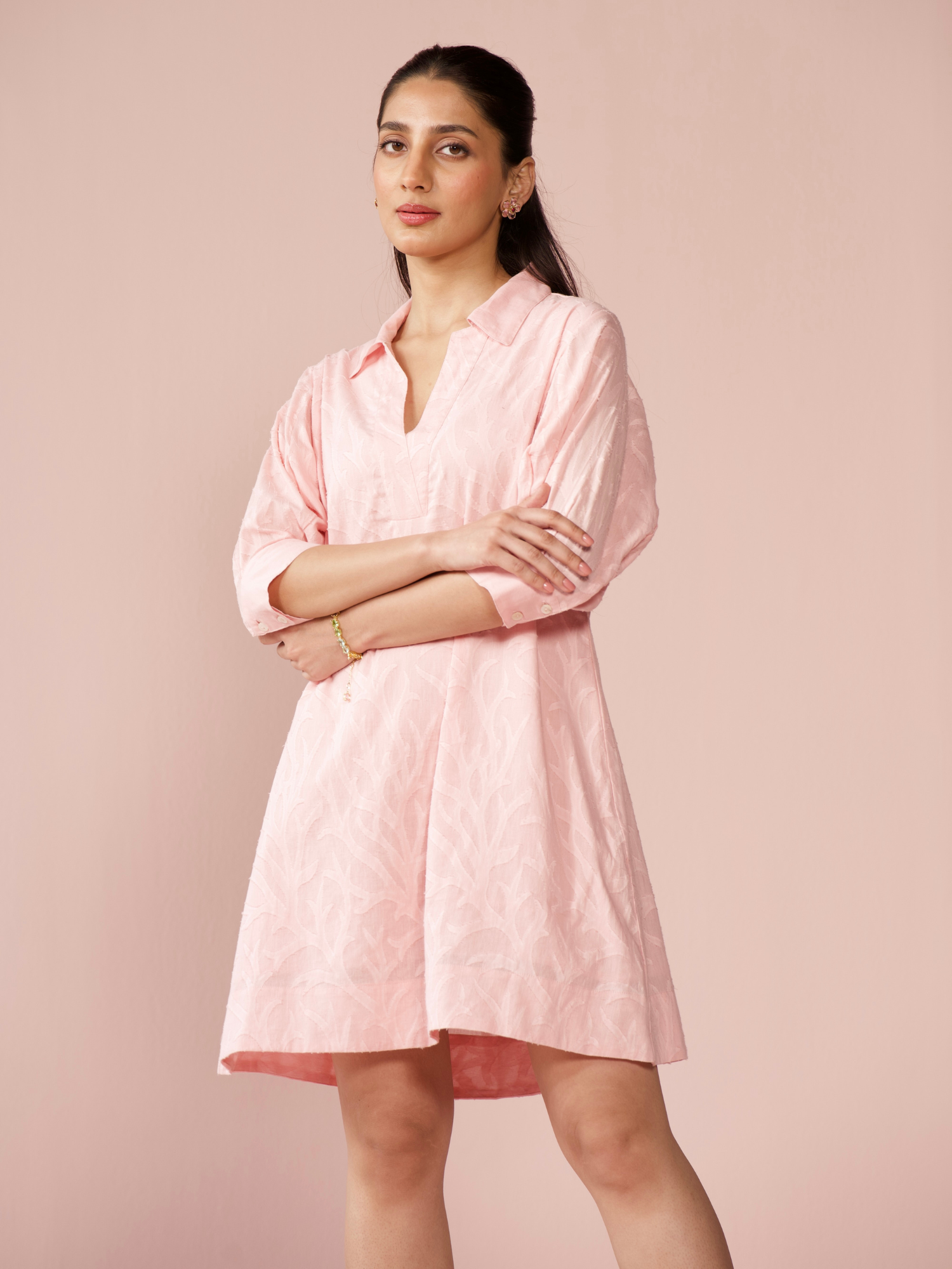 Seaside Cotton Jacquard Dress in Rose Pink