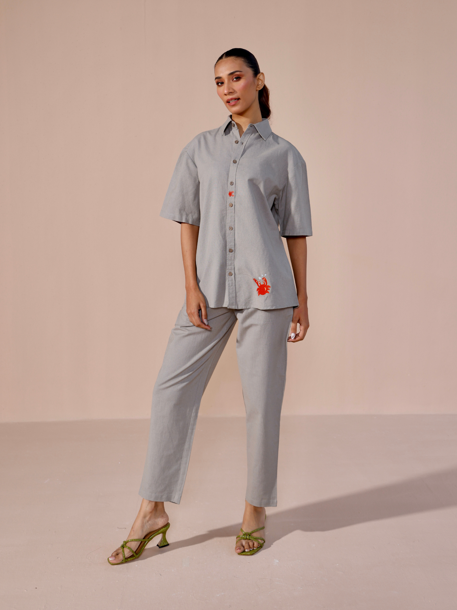 Crabby Linen Co-ord Set with Pants in Stone Grey