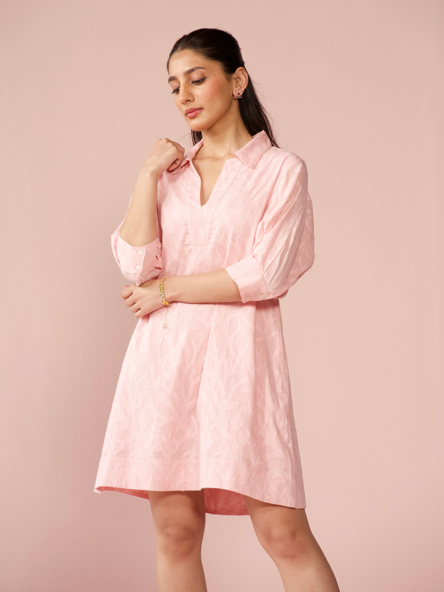 Seaside Cotton Jacquard Dress in Rose Pink