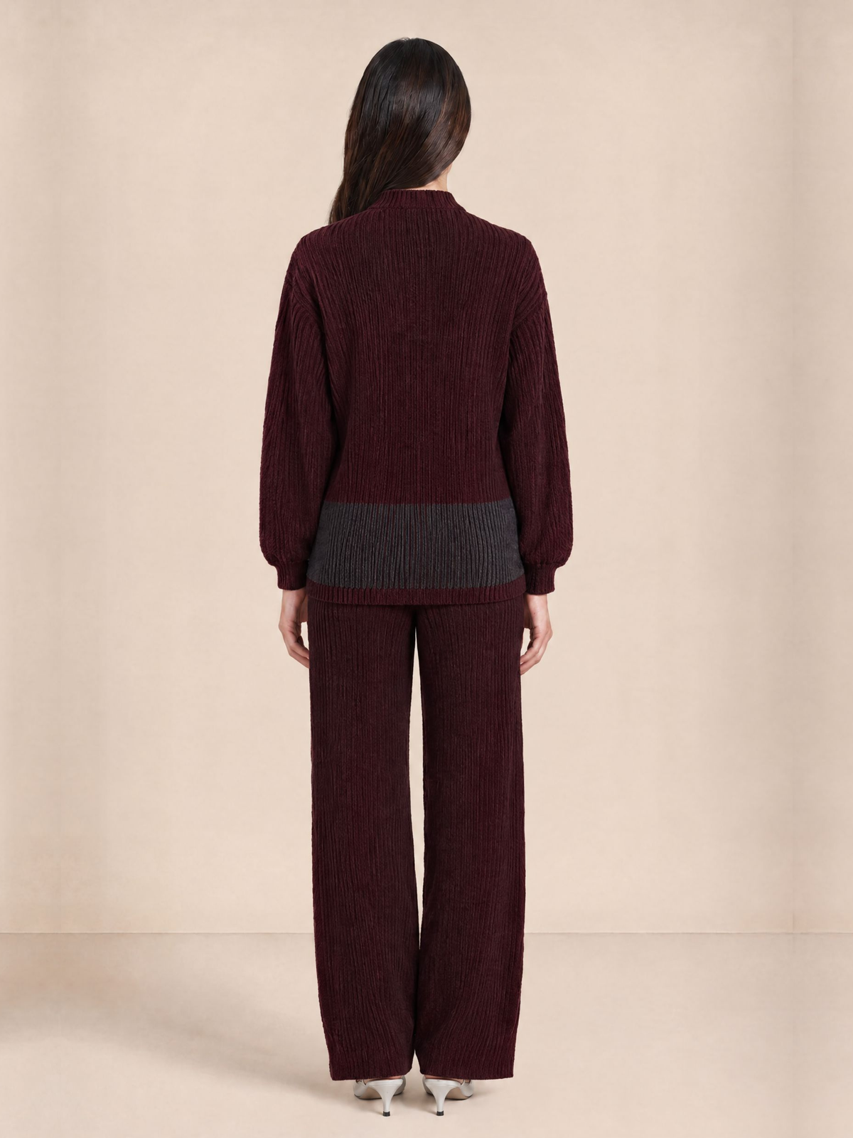 Ribbed Button Down Cardigan with Pants in Maroon