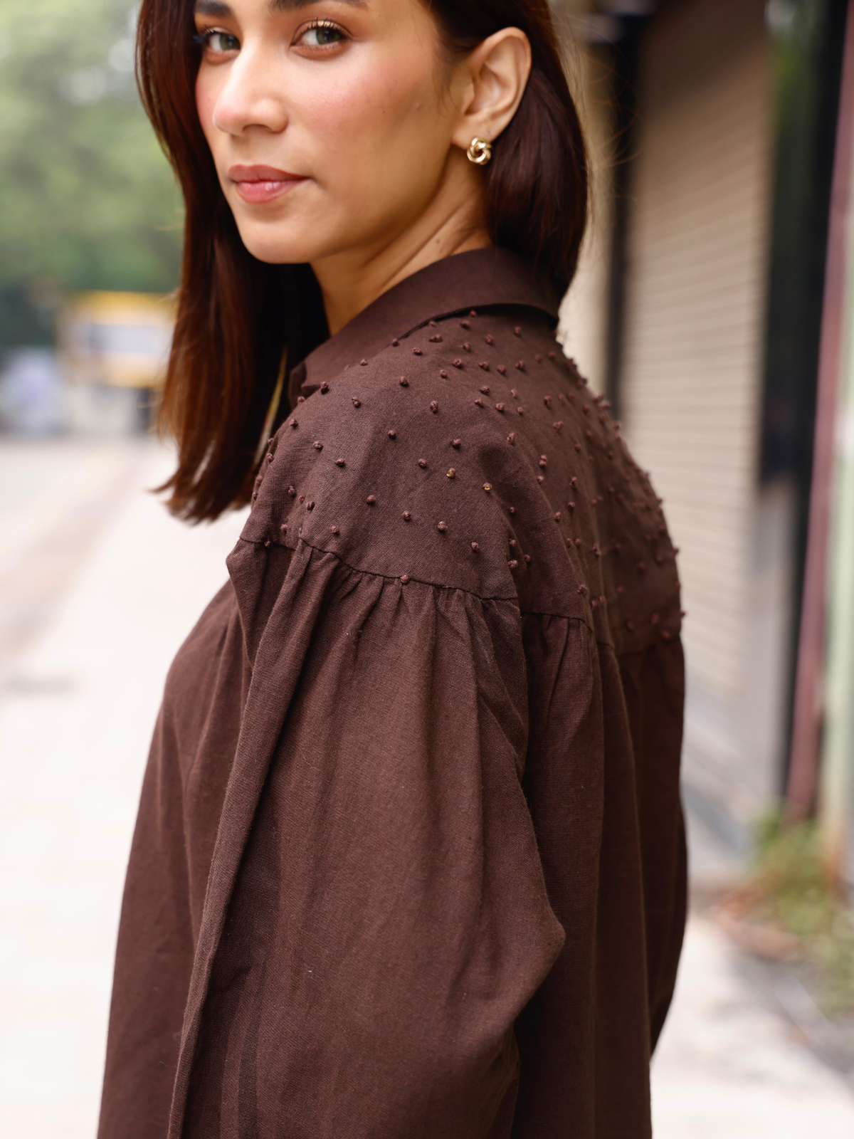 Premium Linen Co-ord Set with French Knots in Espresso