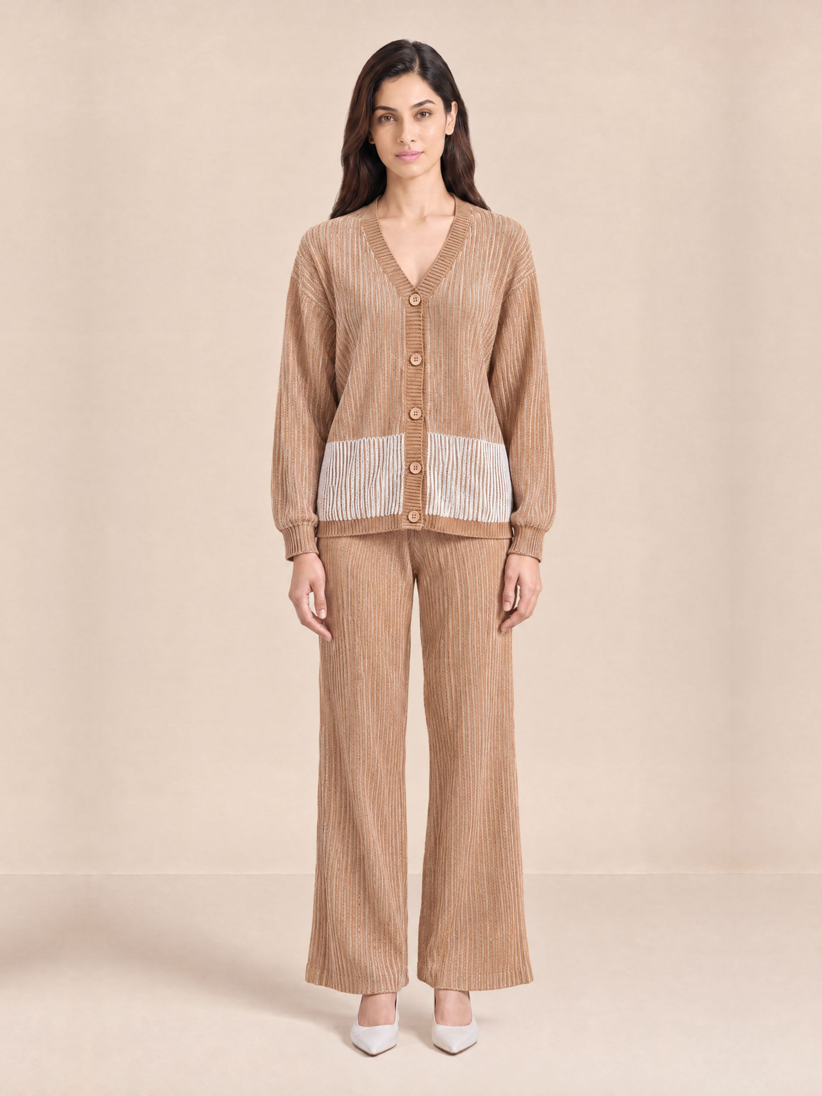 Ribbed Button Down Cardigan with Pants in Mocha