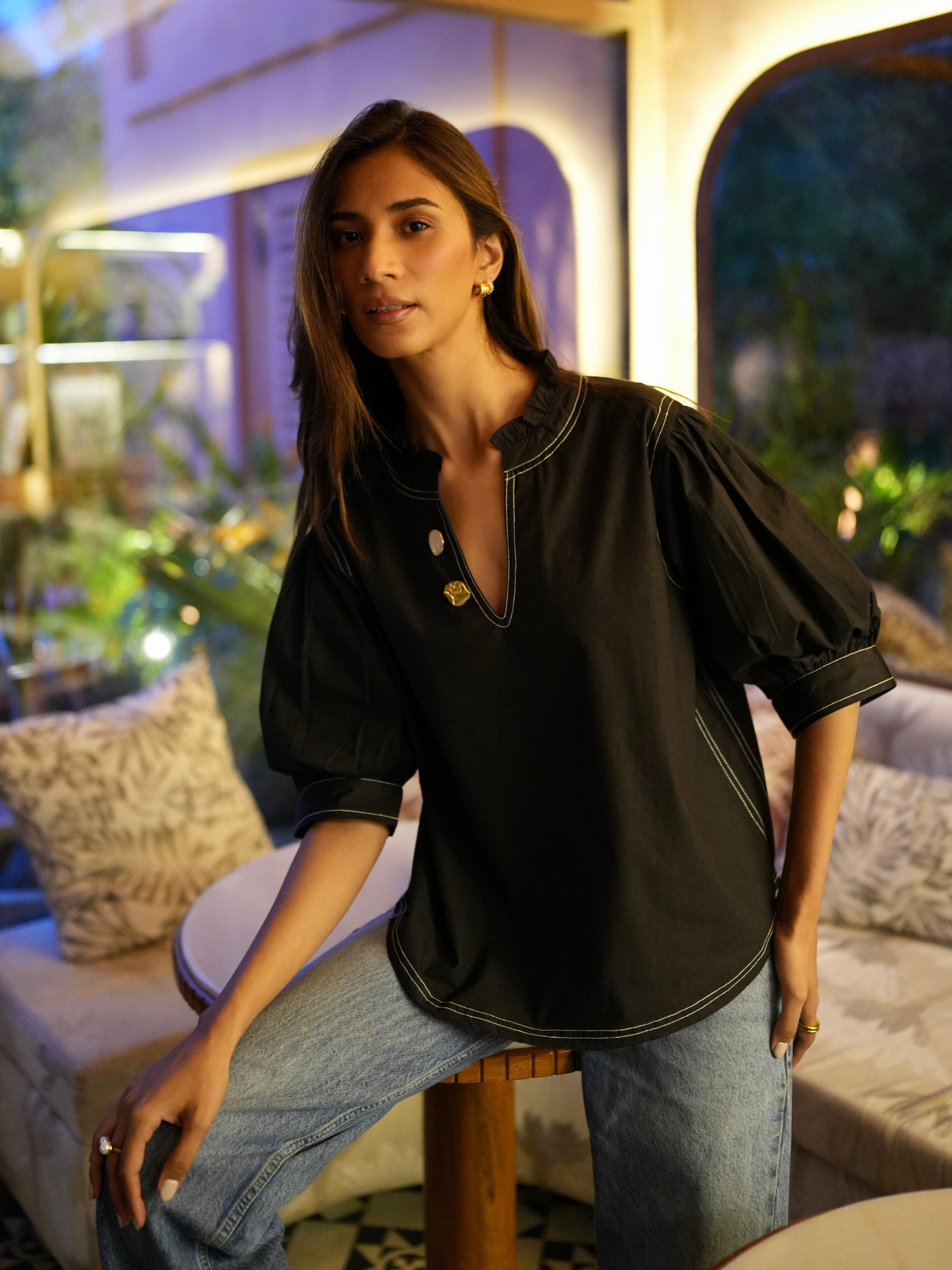 Embellished Poplin Top in Charcoal