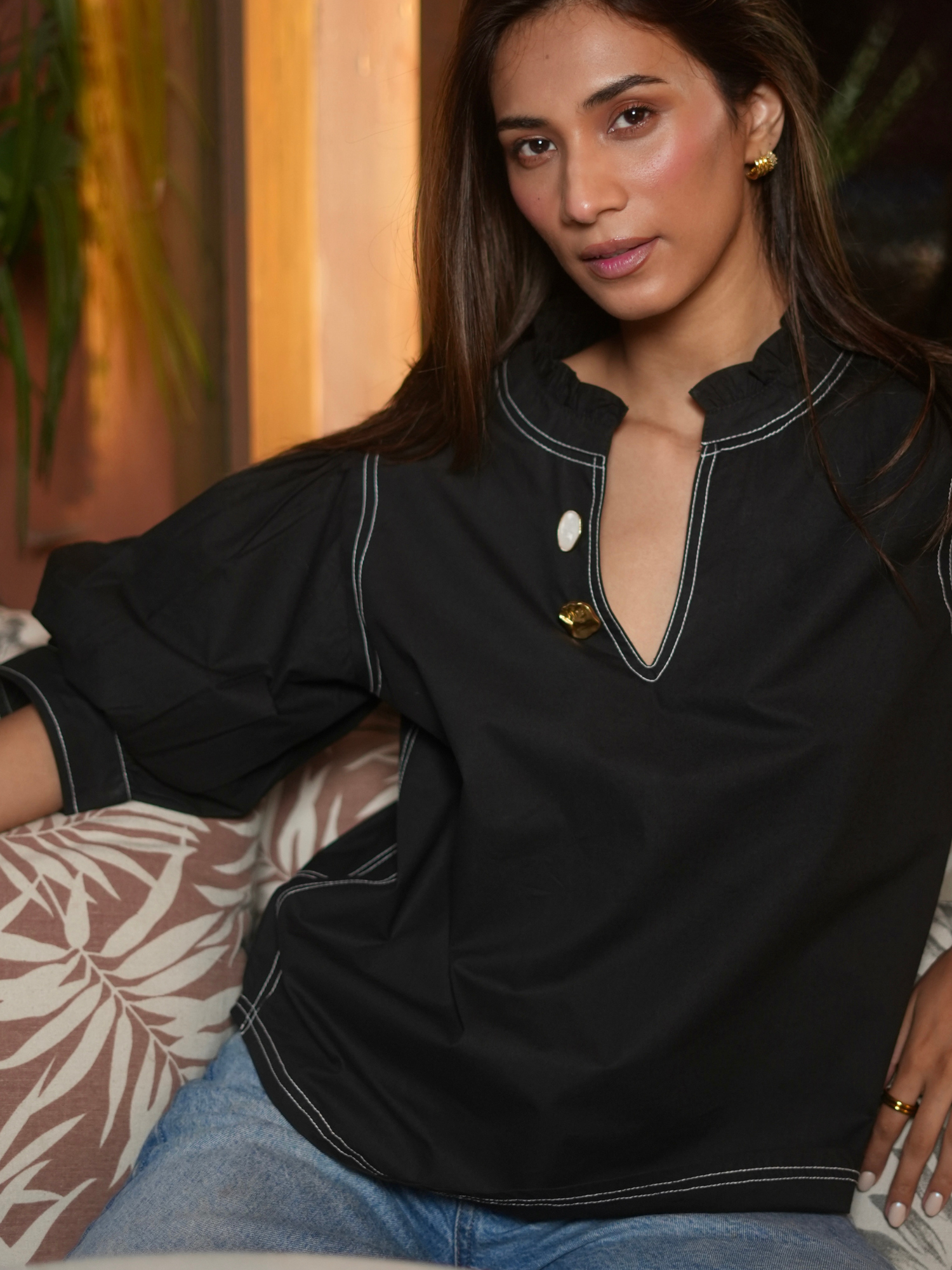 Embellished Poplin Top in Charcoal