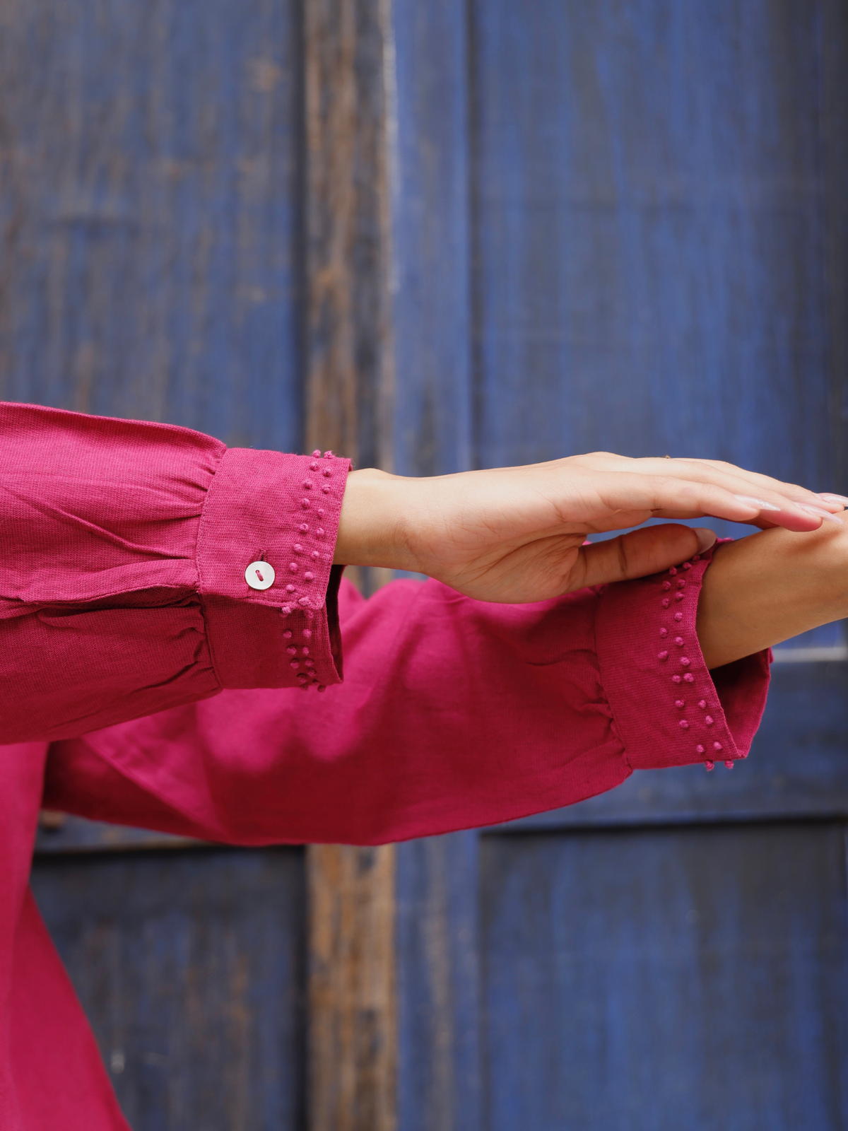 Premium Linen Co-ord Set with French Knots in Raspberry
