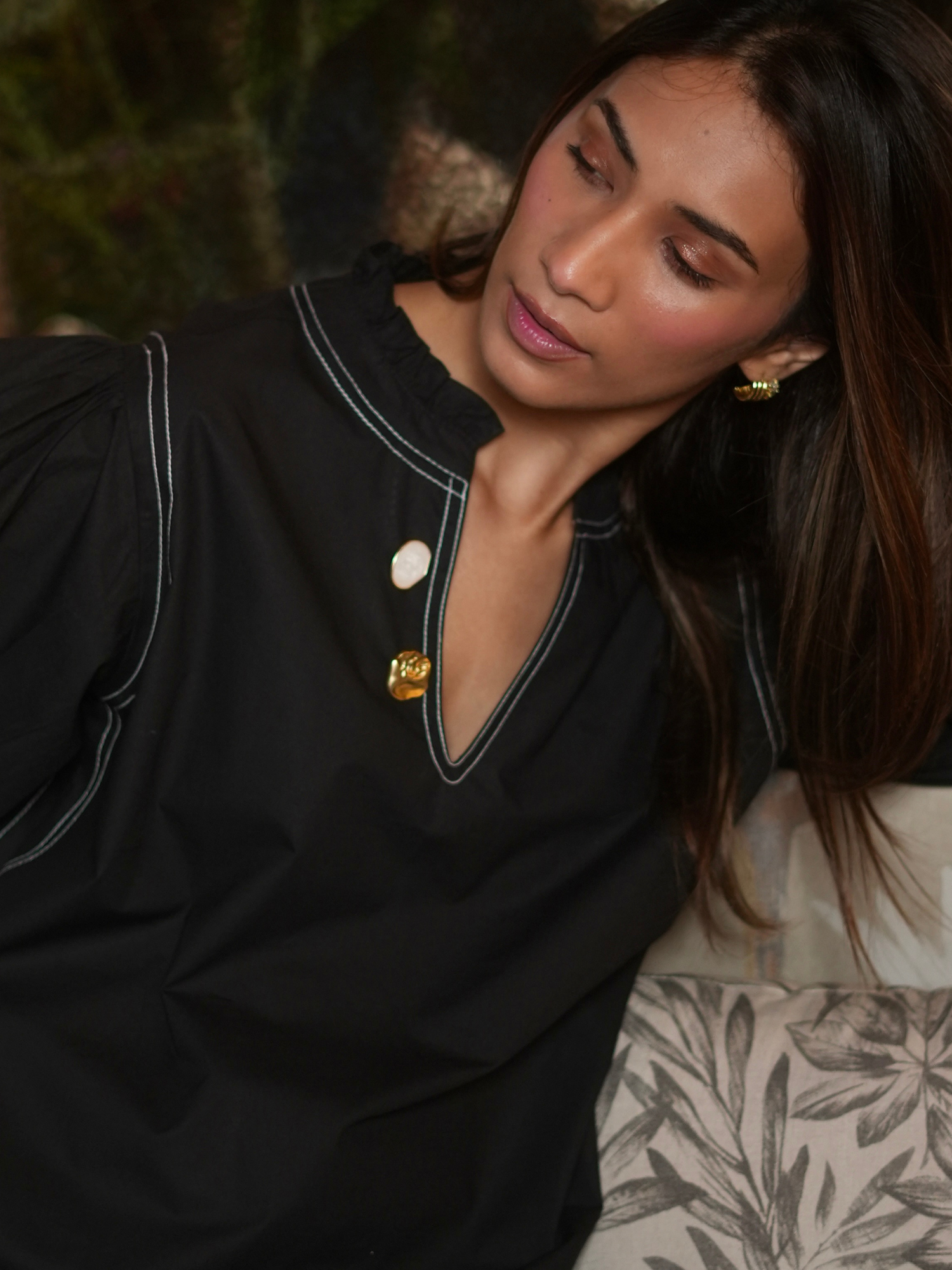 Embellished Poplin Top in Charcoal