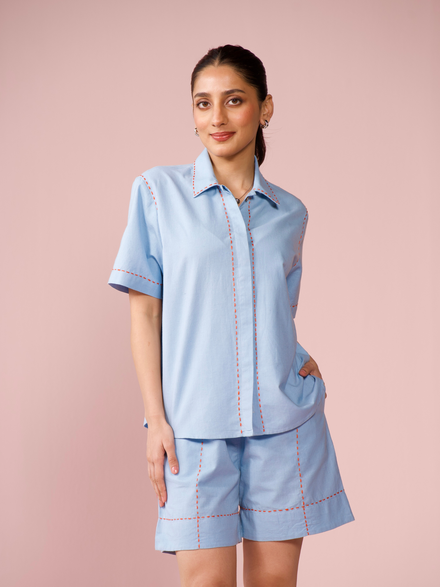 Drift Linen Blend Co-ord Set with Shorts in Powder Blue