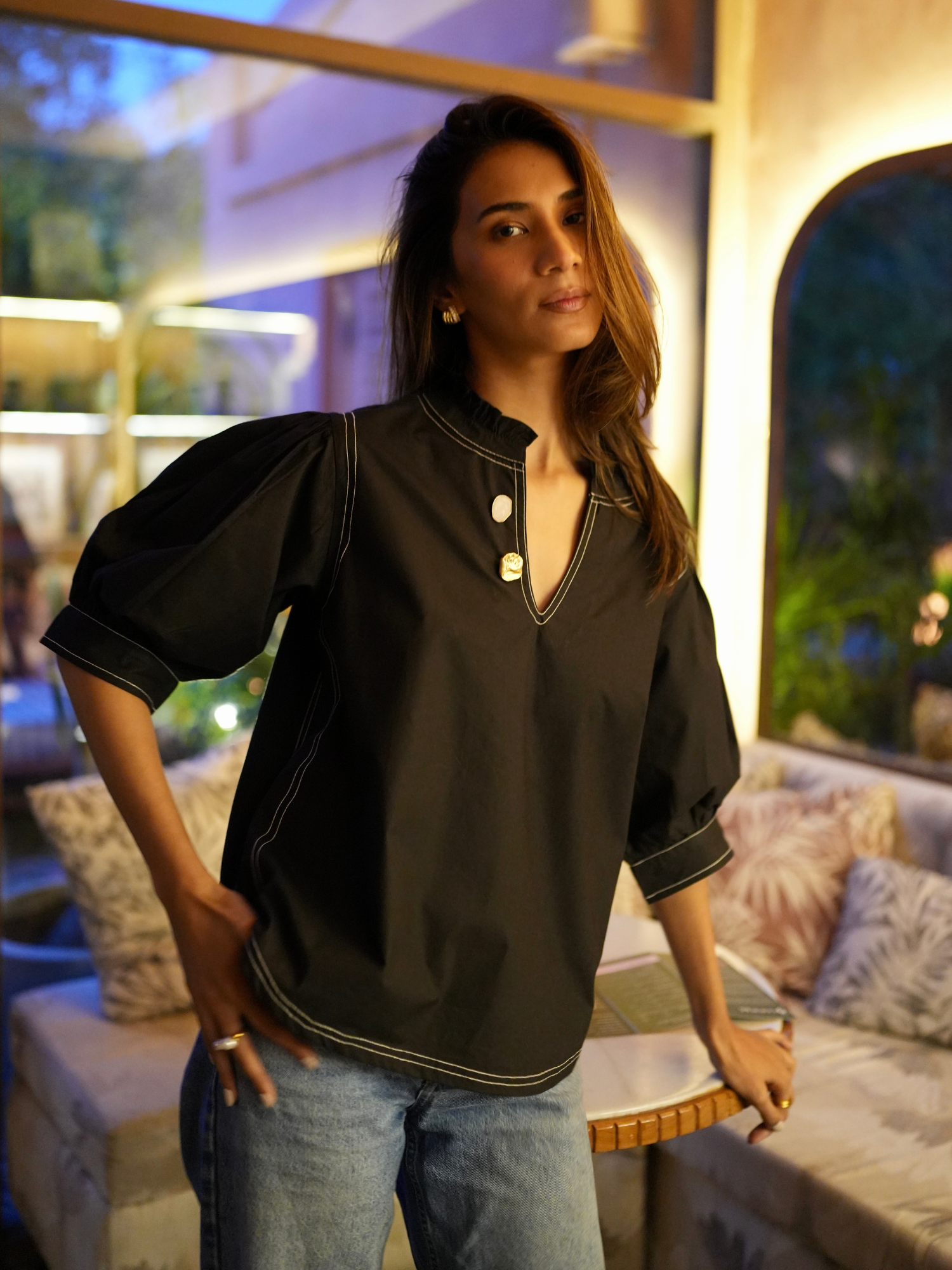 Embellished Poplin Top in Charcoal