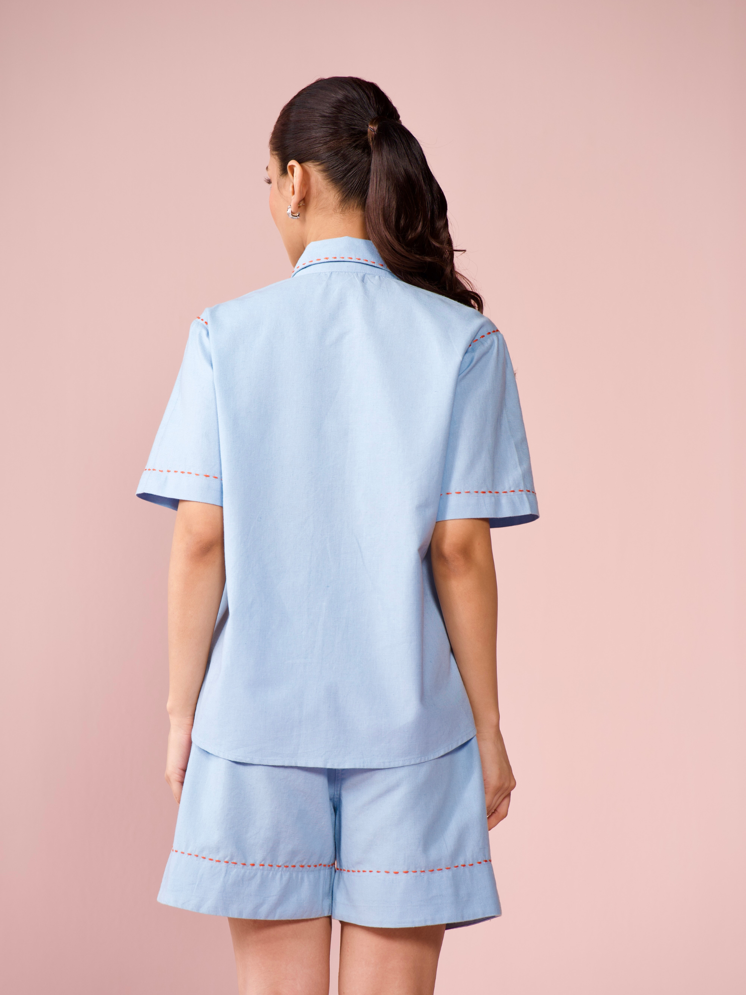 Drift Linen Blend Co-ord Set with Shorts in Powder Blue