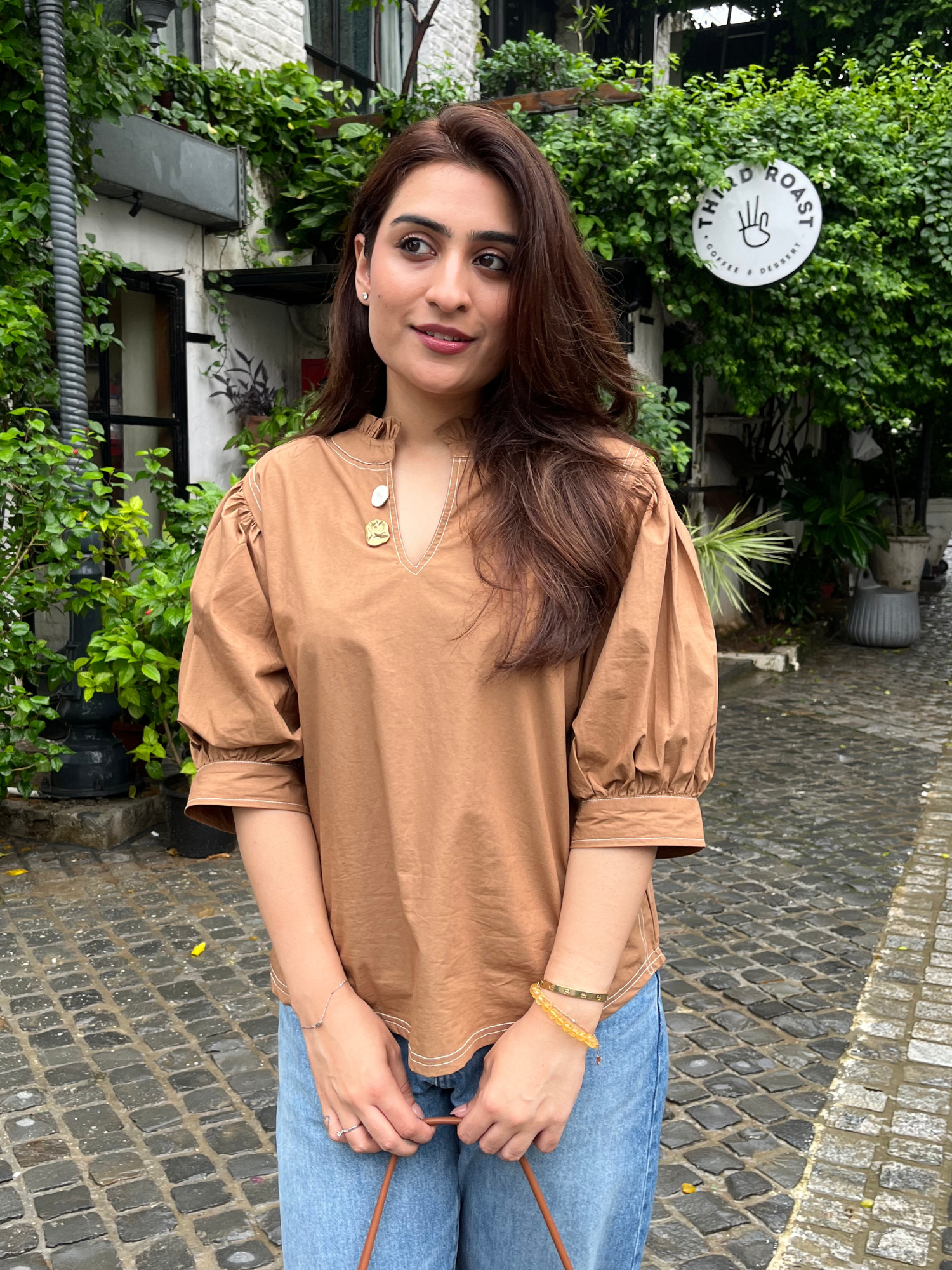 Embellished Poplin Top in Mocha