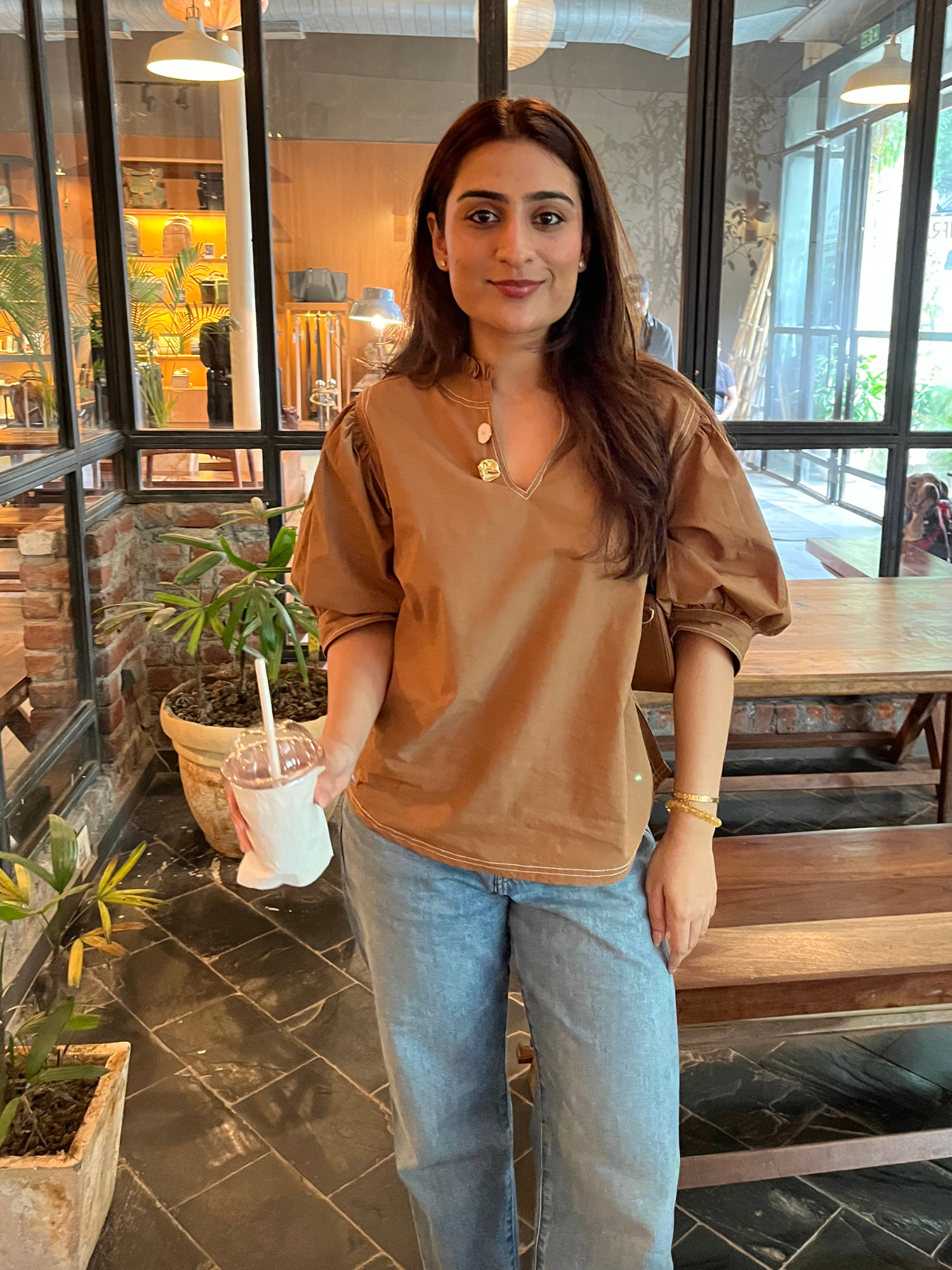 Embellished Poplin Top in Mocha