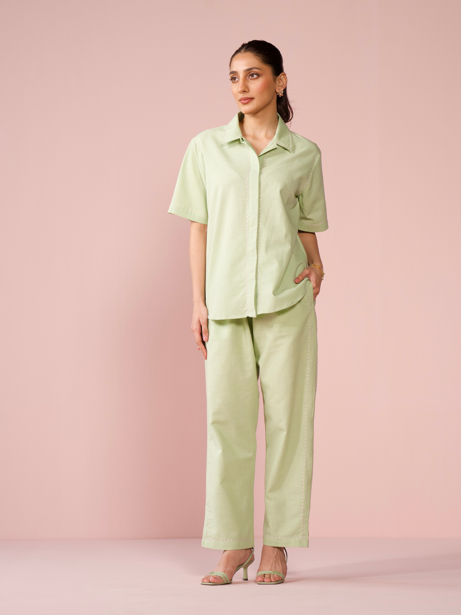 Drift Linen Blend Co-ord Set with Pants in Sage Green