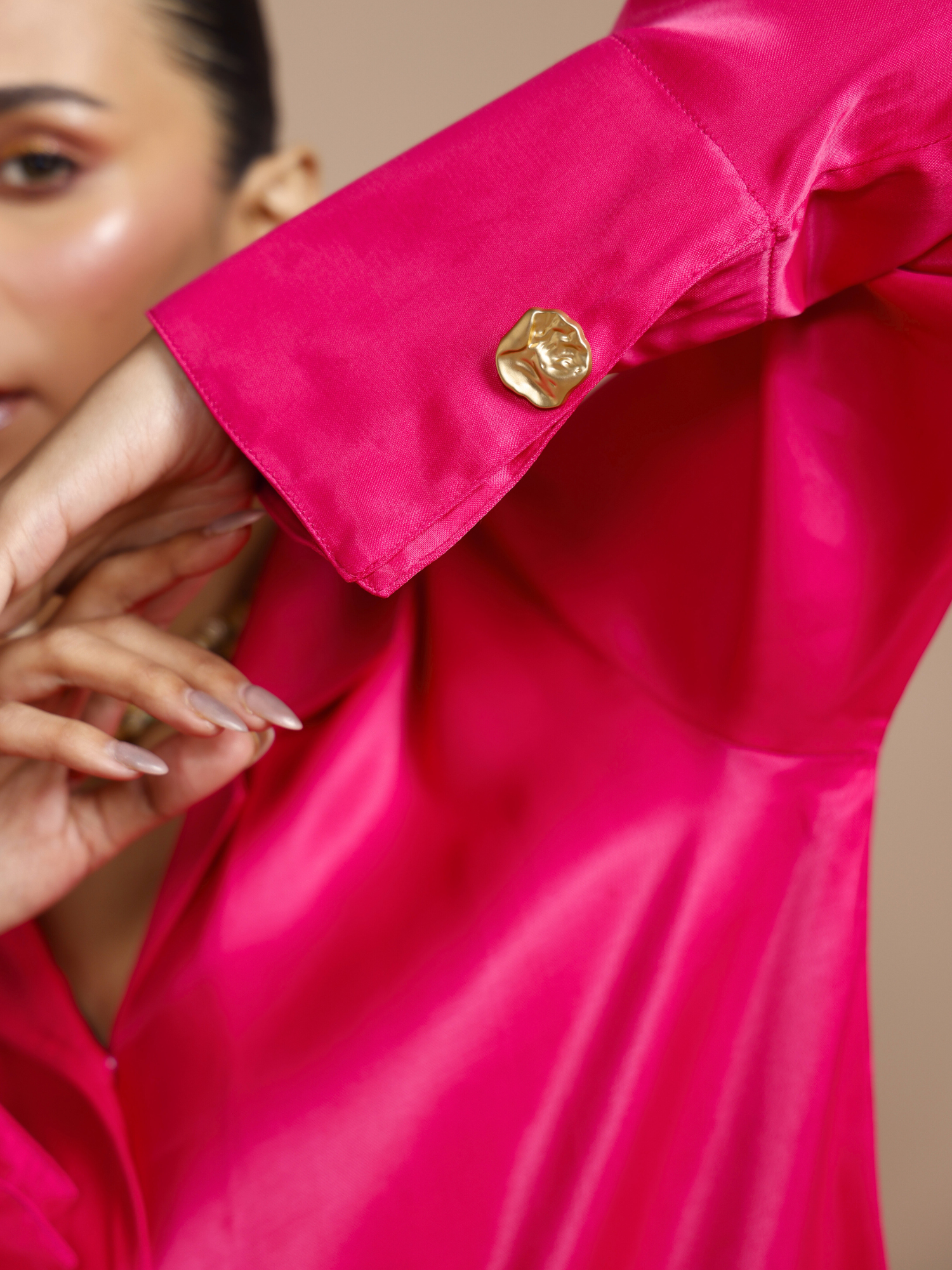 Button Embellished Satin Shirt in Rani Pink