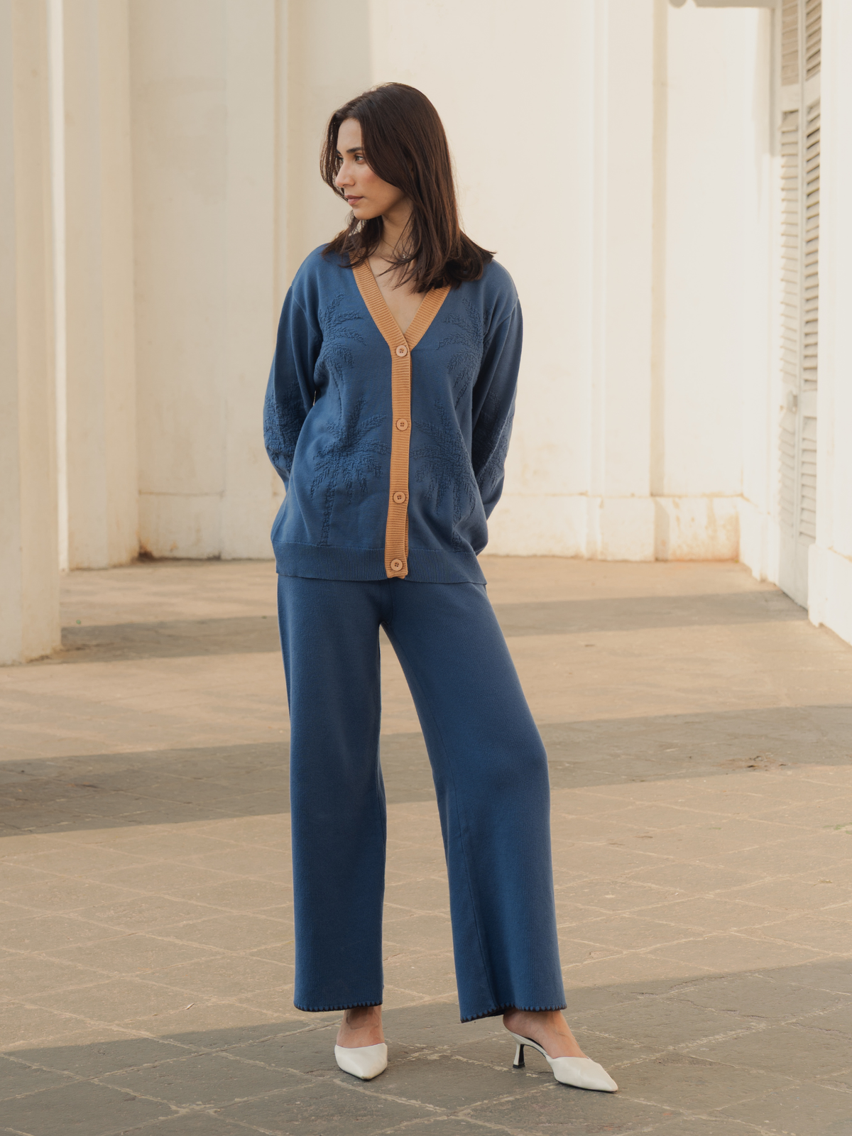 Jacquard Button Down Cardigan with Pants in Denim Blue