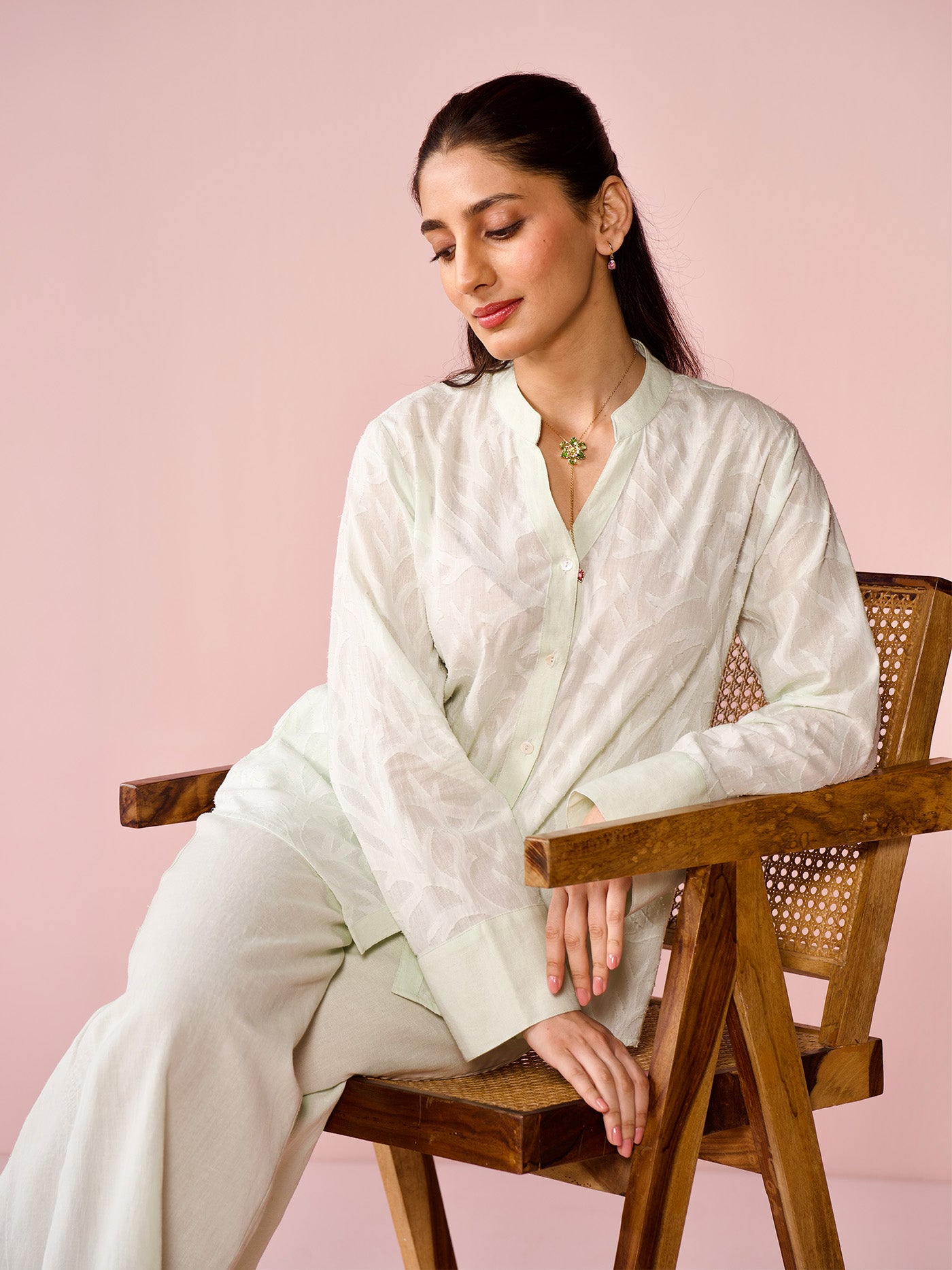 Seaside Linen Blend Jacquard Co-ord Set in Mint