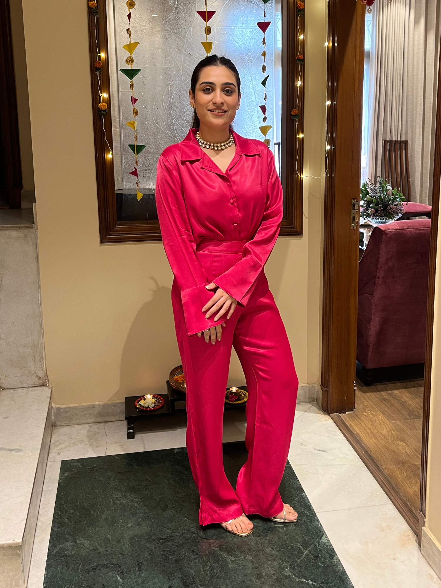 Button Embellished Satin Shirt with Pants in Rani Pink