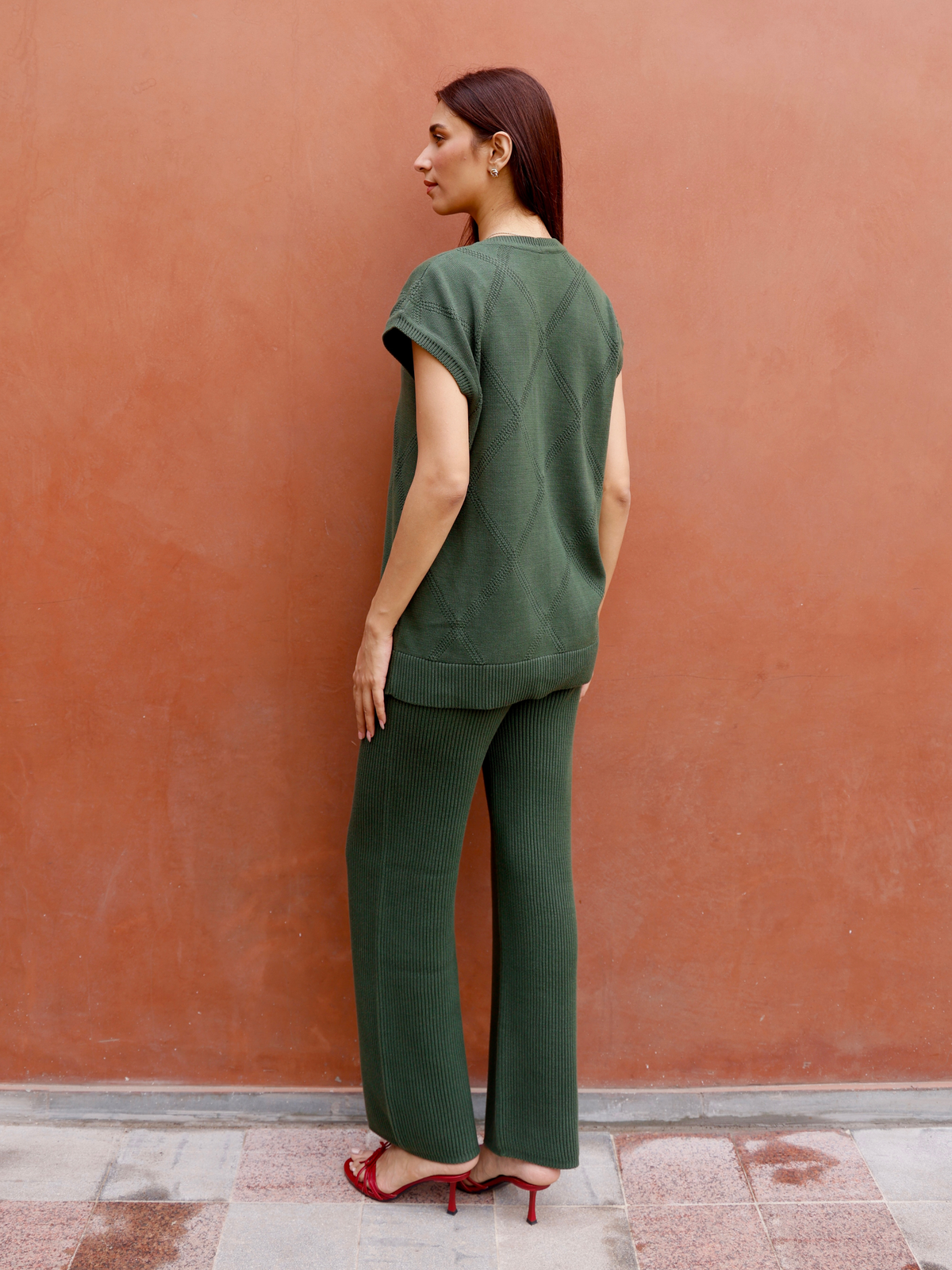Knitted Vest Cardigan with Pants in Forest Green