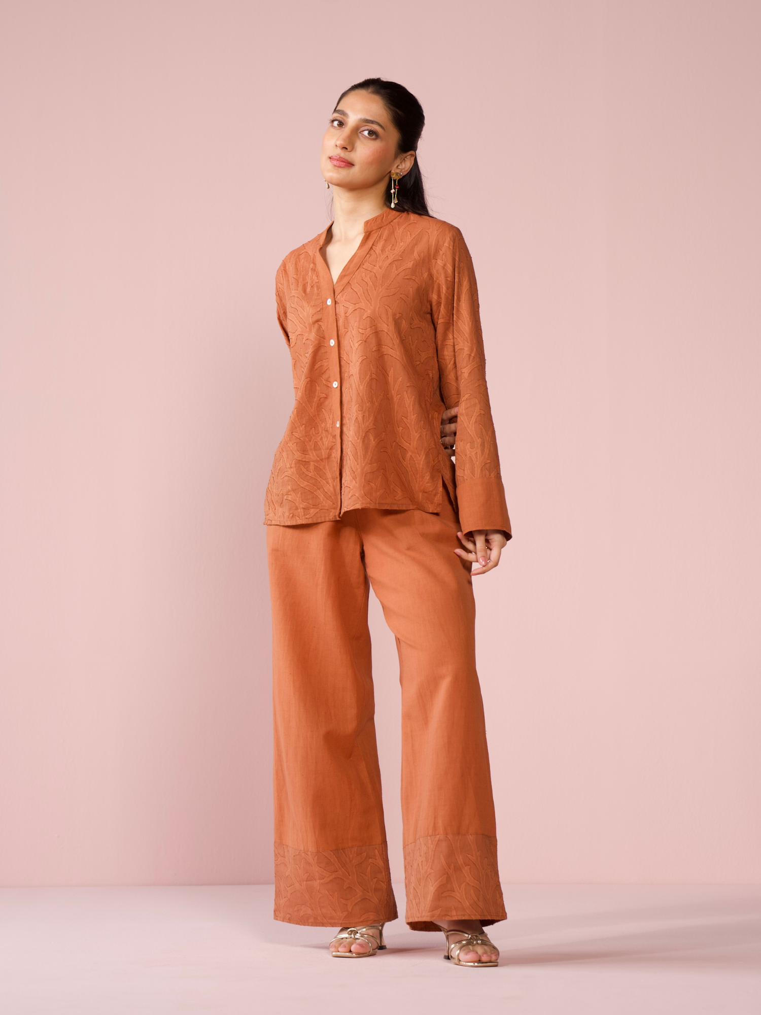 Seaside Linen Blend Jacquard Co-ord Set in Cocoa